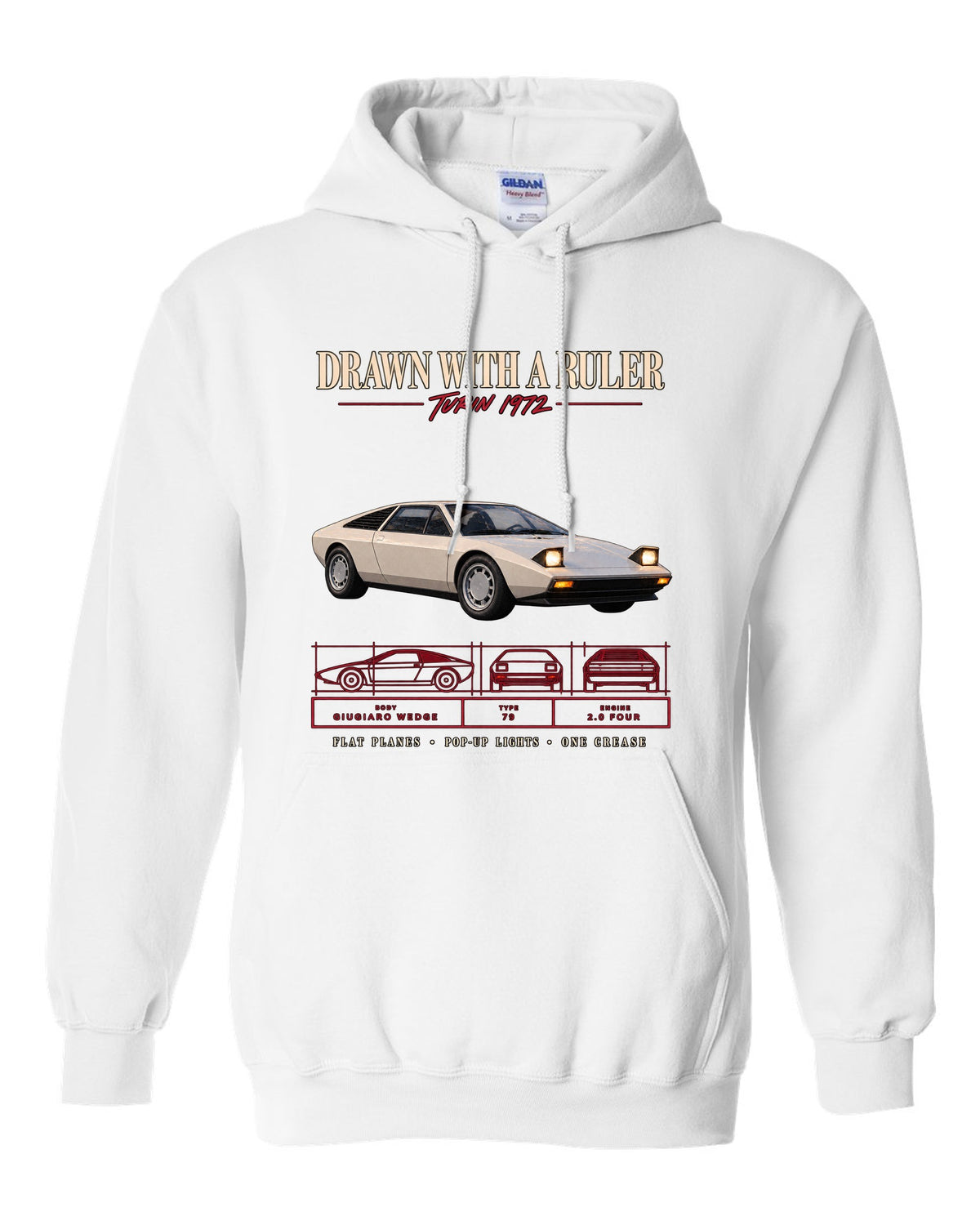Archive panel print of a 1976 Lotus Esprit S1 Type 79 with Giugiaro wedge text white pull over hoodie front view with the design