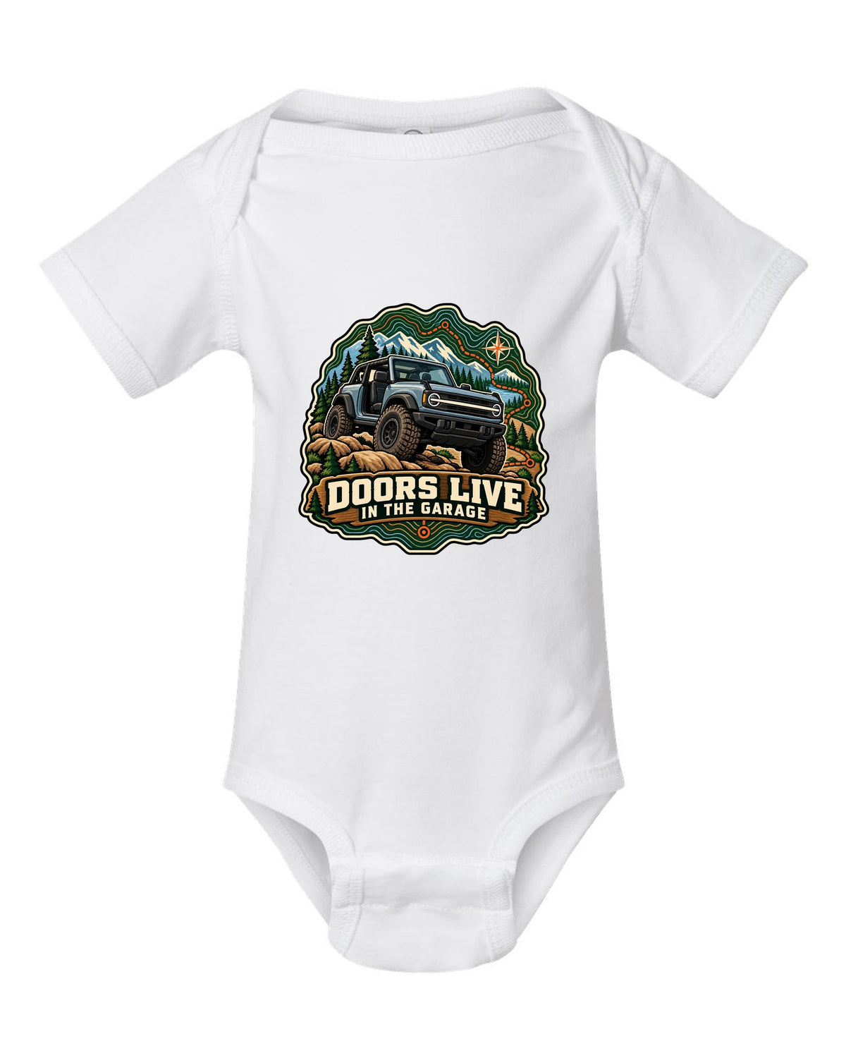 Ford Bronco U725 two-door on a topographic trail route map print white baby onesie front view with the design