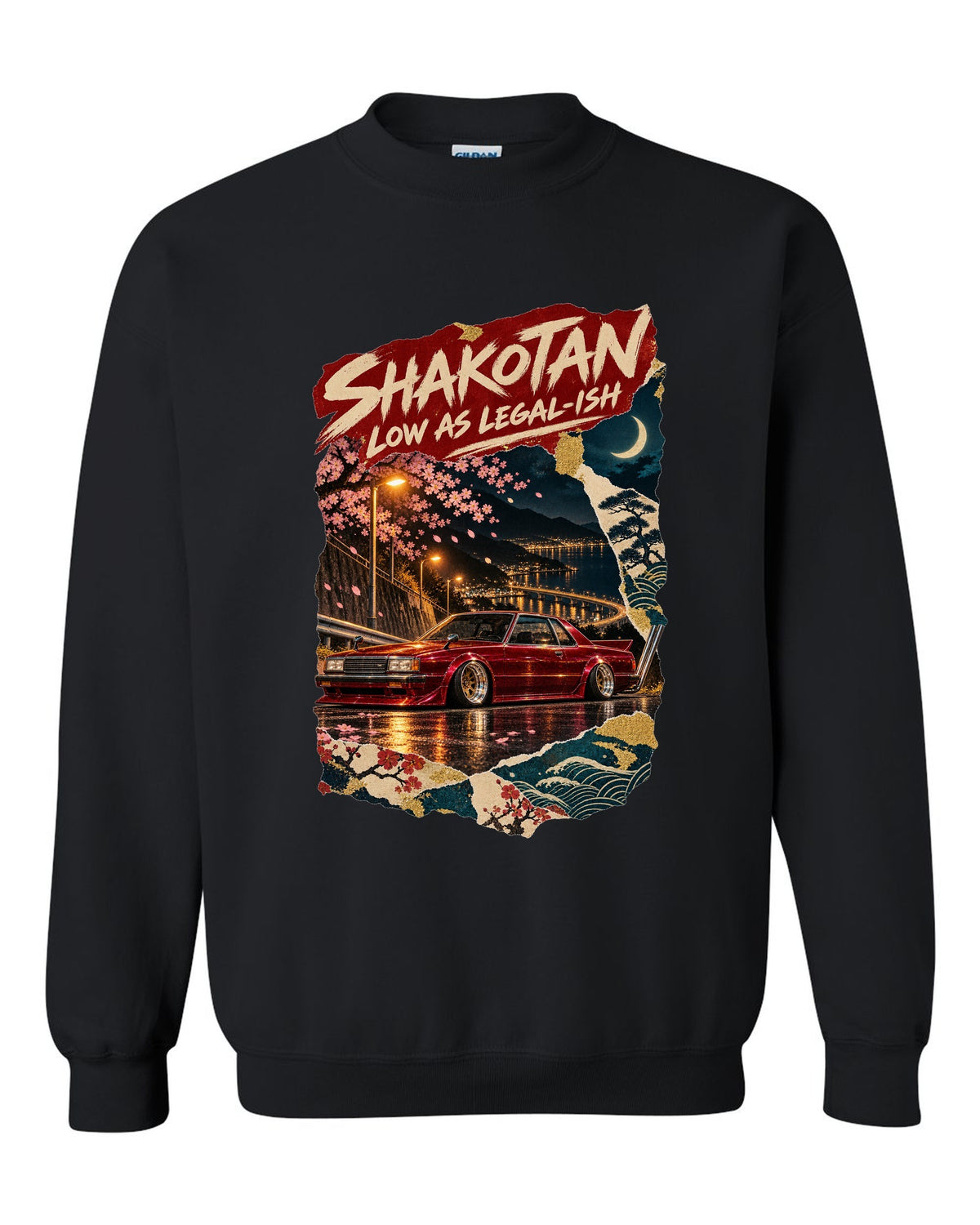 Japanese poster collage of a lowered kaido racer coupe with SHAKOTAN lettering black crewneck front view with the design