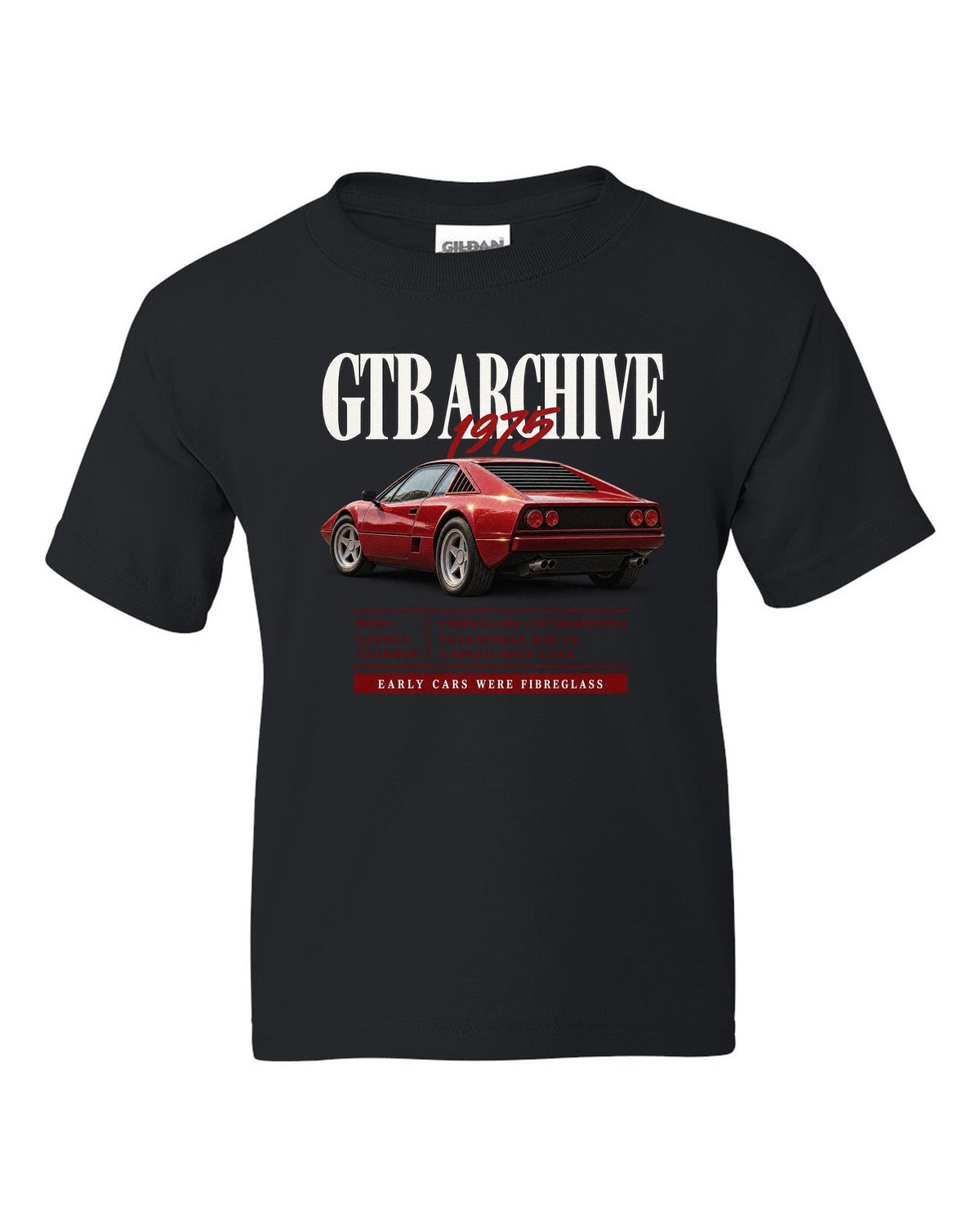 Ferrari 308 GTB 1975 archive panel print, early cars were fibreglass black kids tee front view with the design