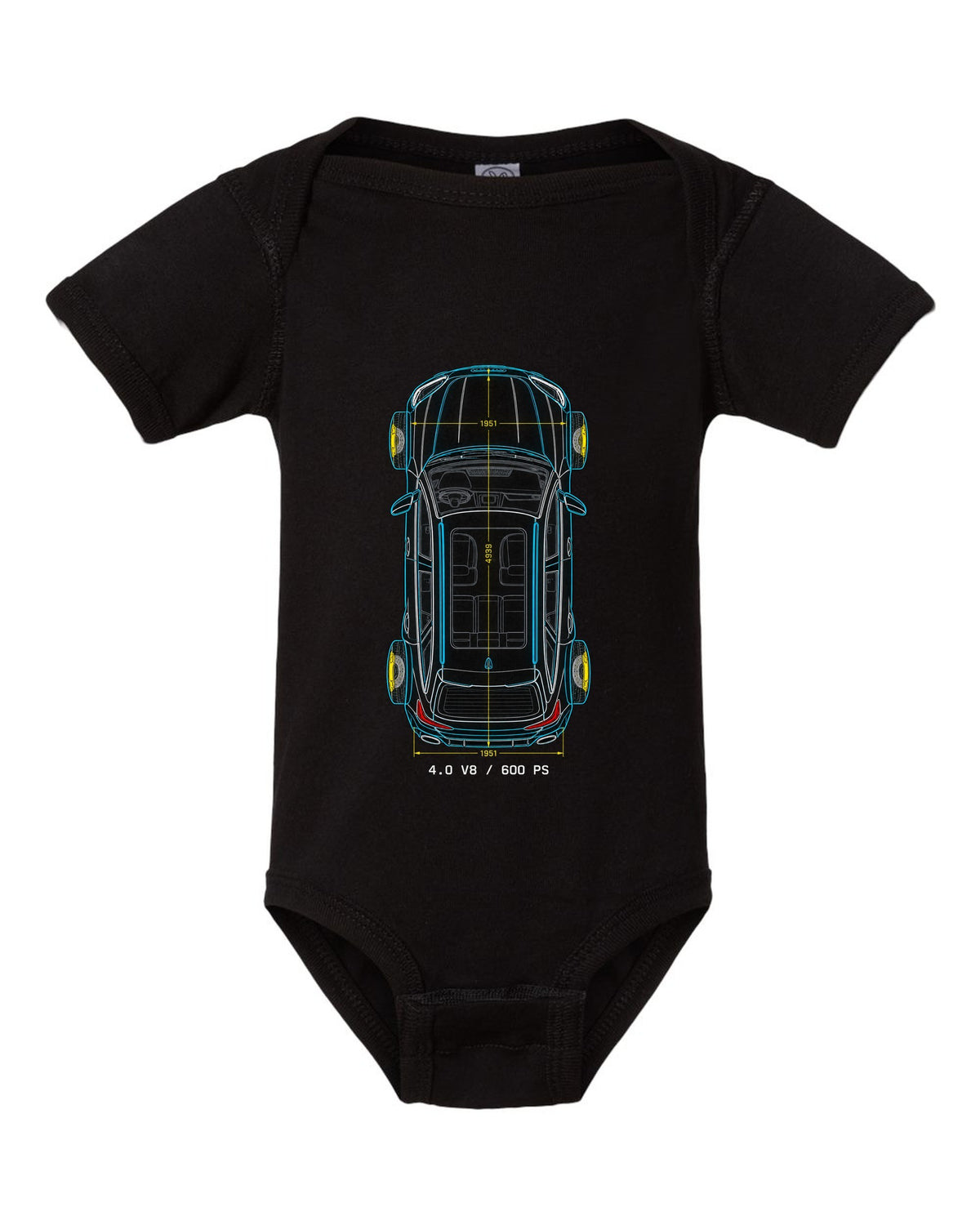 Top-down technical blueprint design of the Audi RS6 Avant C8 with 4.0 V8 and 600 PS lettering black baby onesie front view with the design