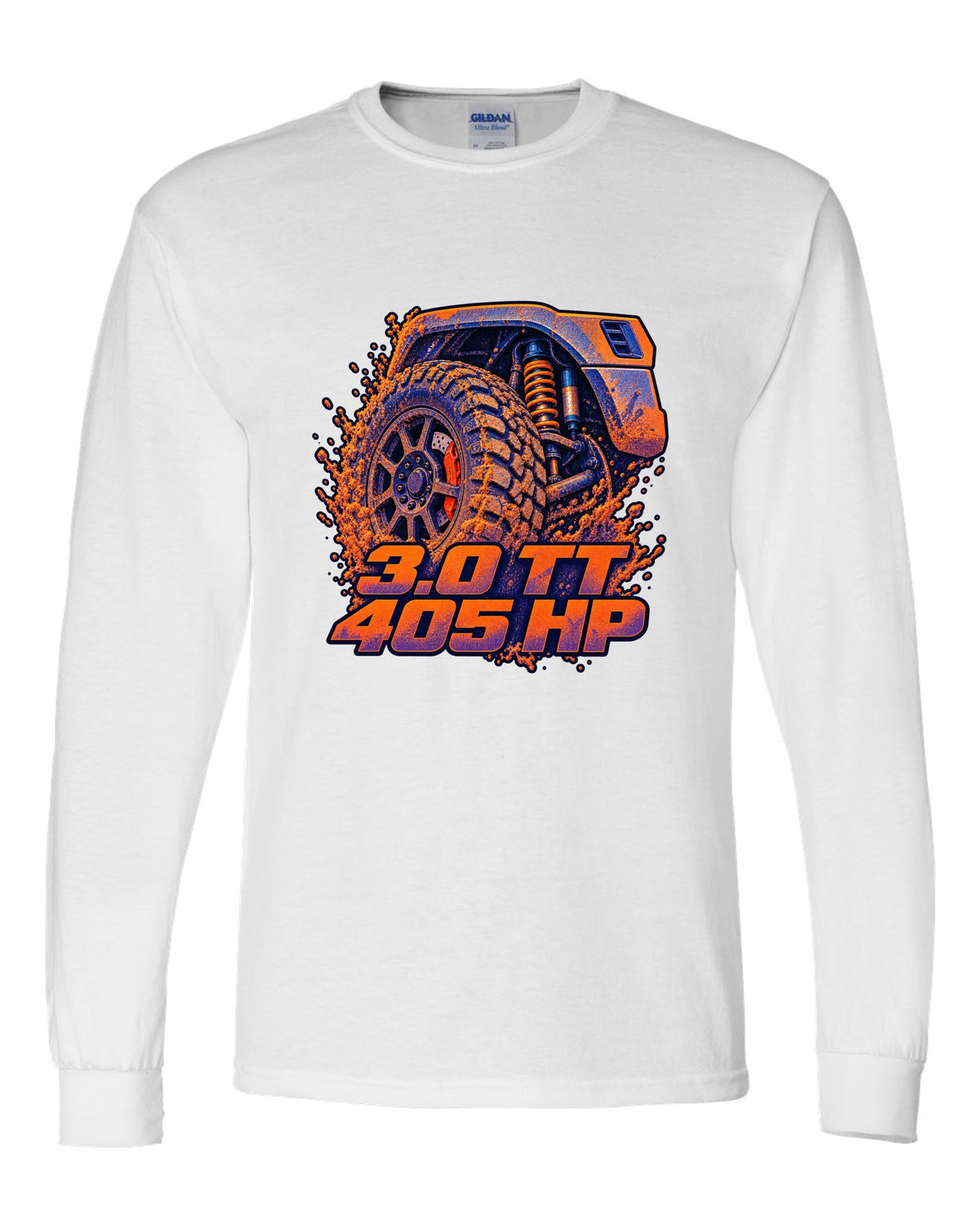 Ford Ranger Raptor P703 wheel and brake in a risograph style print white long sleeve front view with the design
