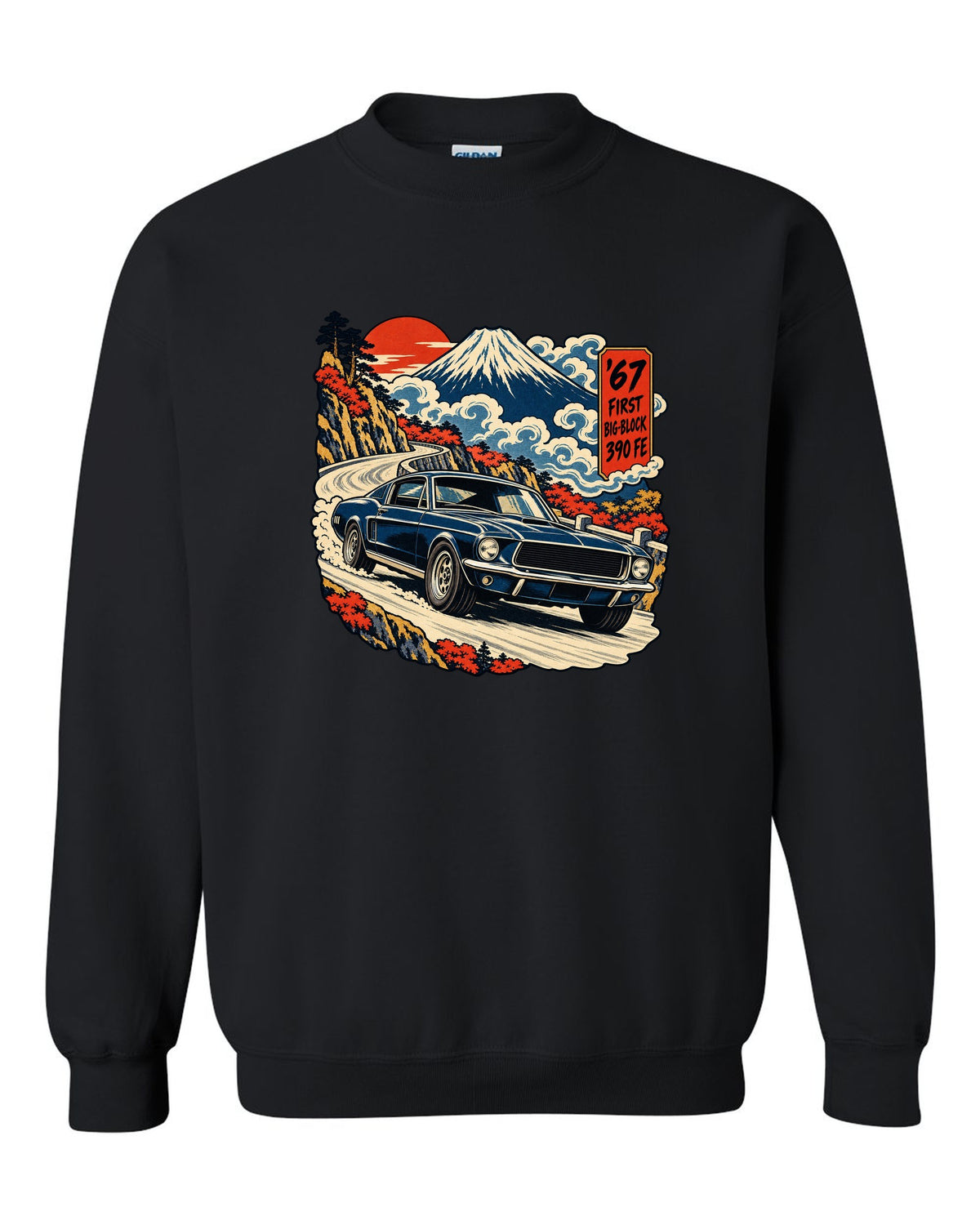 Ukiyo-e woodblock print of a 1967 Ford Mustang fastback with 390 FE first big-block text black crewneck front view with the design