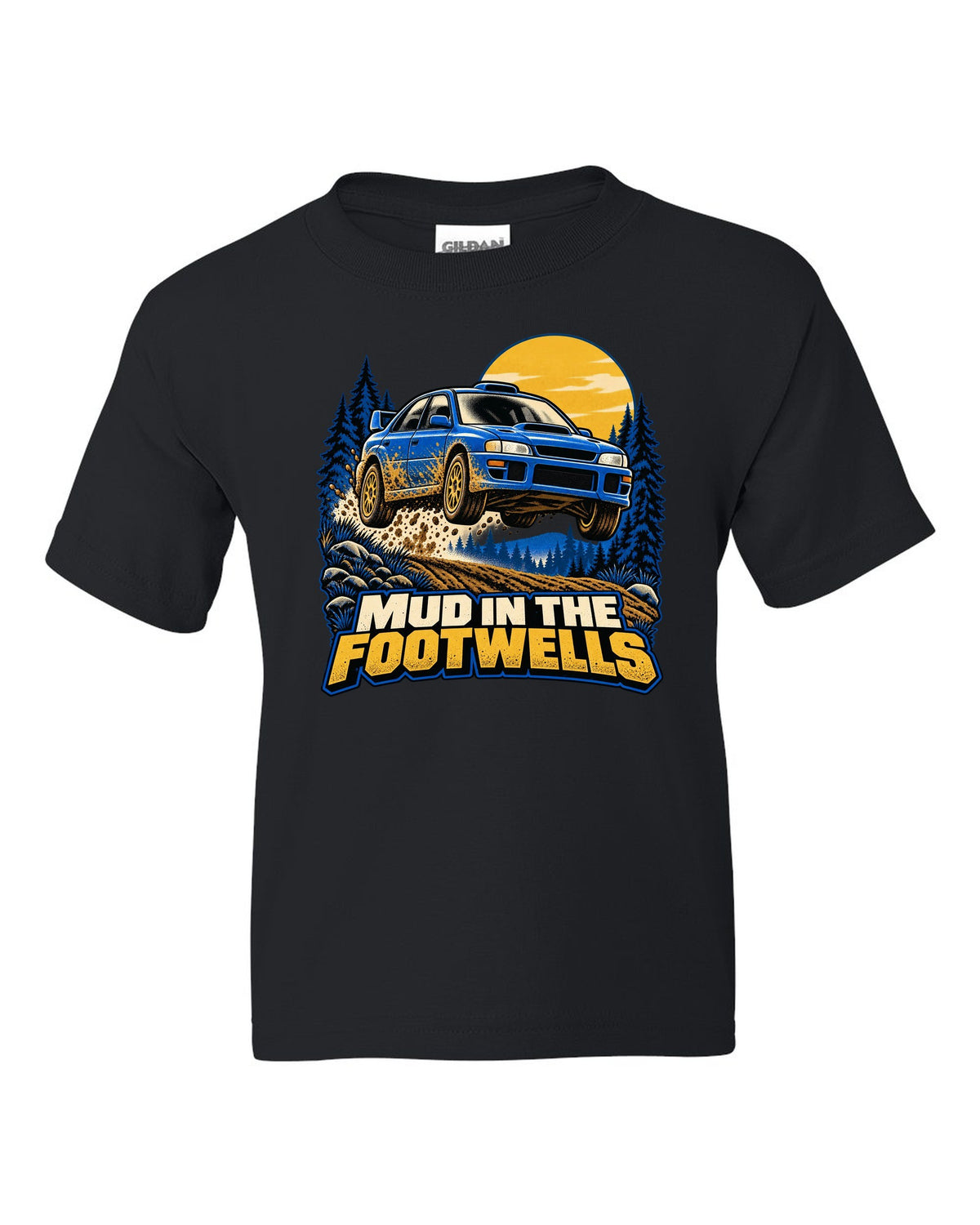 Comic halftone pop-art of a Subaru WRX STI GRB chback doing a burnout black kids tee front view with the design