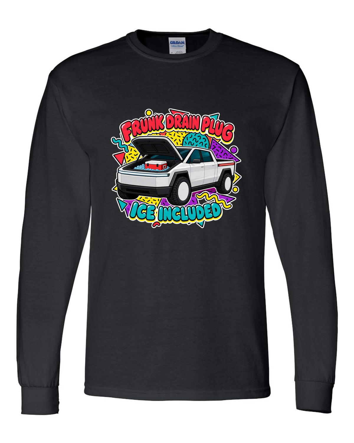 Ford F-150 Lightning retro sticker sheet print about the frunk drain plug and ice black long sleeve front view with the design