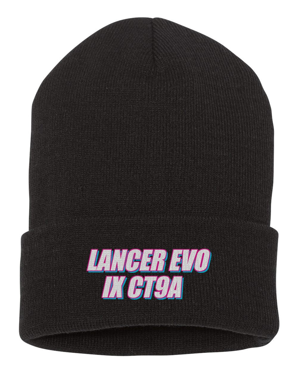 Lancer Evo Ix Ct9A black beanie front view with car name