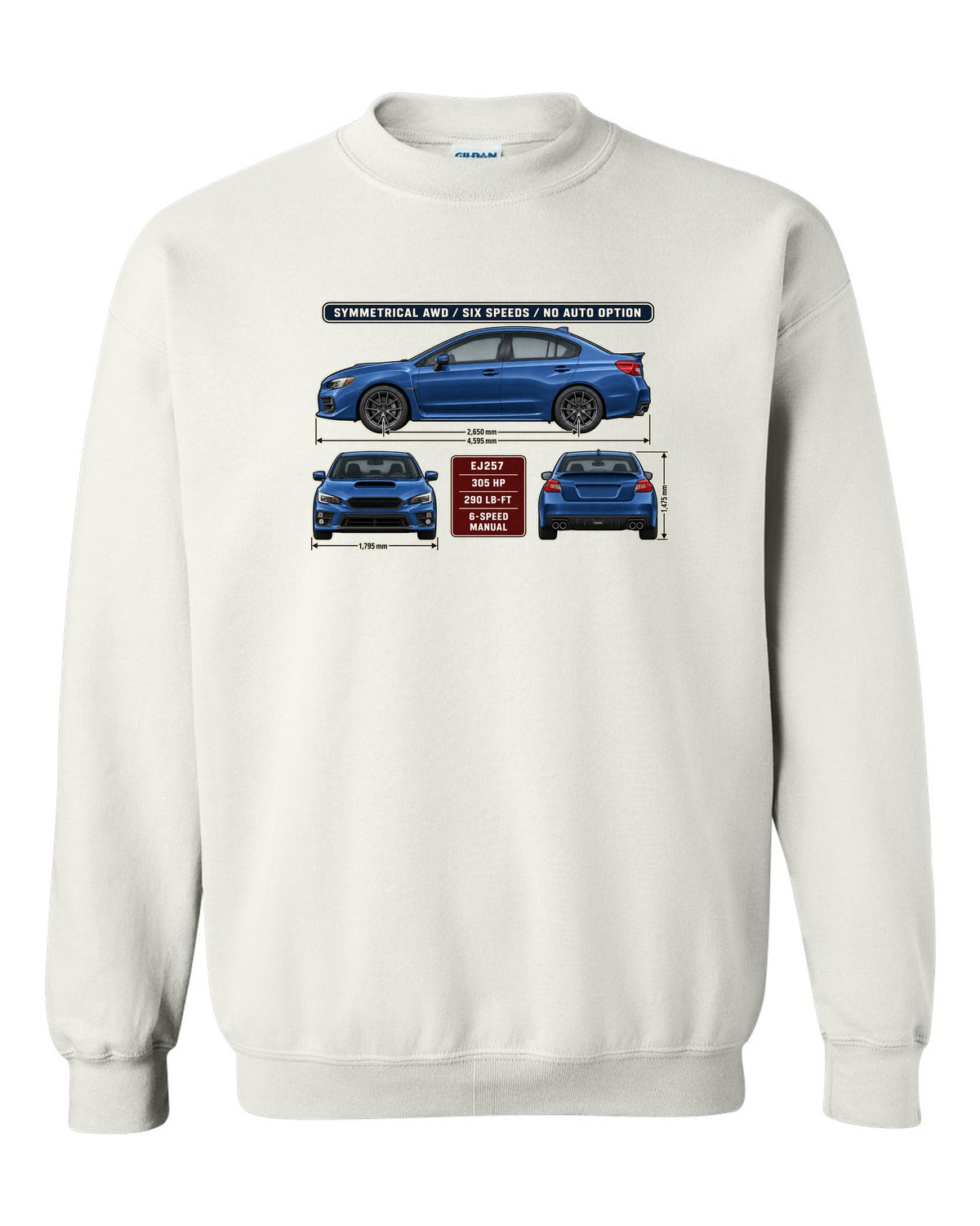 Subaru WRX STI VA graphite sedan three-view drawing with red accent white crewneck front view with the design