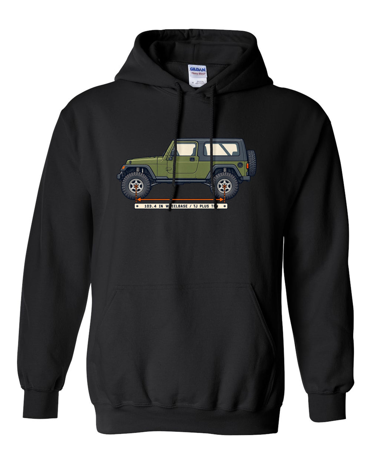 Patent-style line drawing of a Jeep Wrangler LJ Unlimited with 103.4 IN WHEELBASE TJ PLUS TEN lettering black pull over hoodie front view with the design