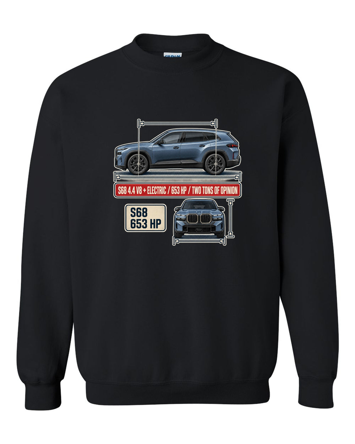 BMW XM G09 dimension blueprint print on a tee black crewneck front view with the design