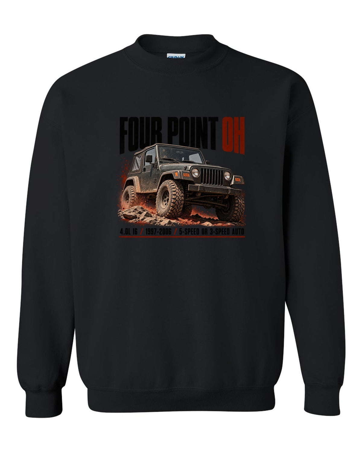 Halftone print for the Jeep Wrangler TJ 4.0L I6, 1997-2006 black crewneck front view with the design