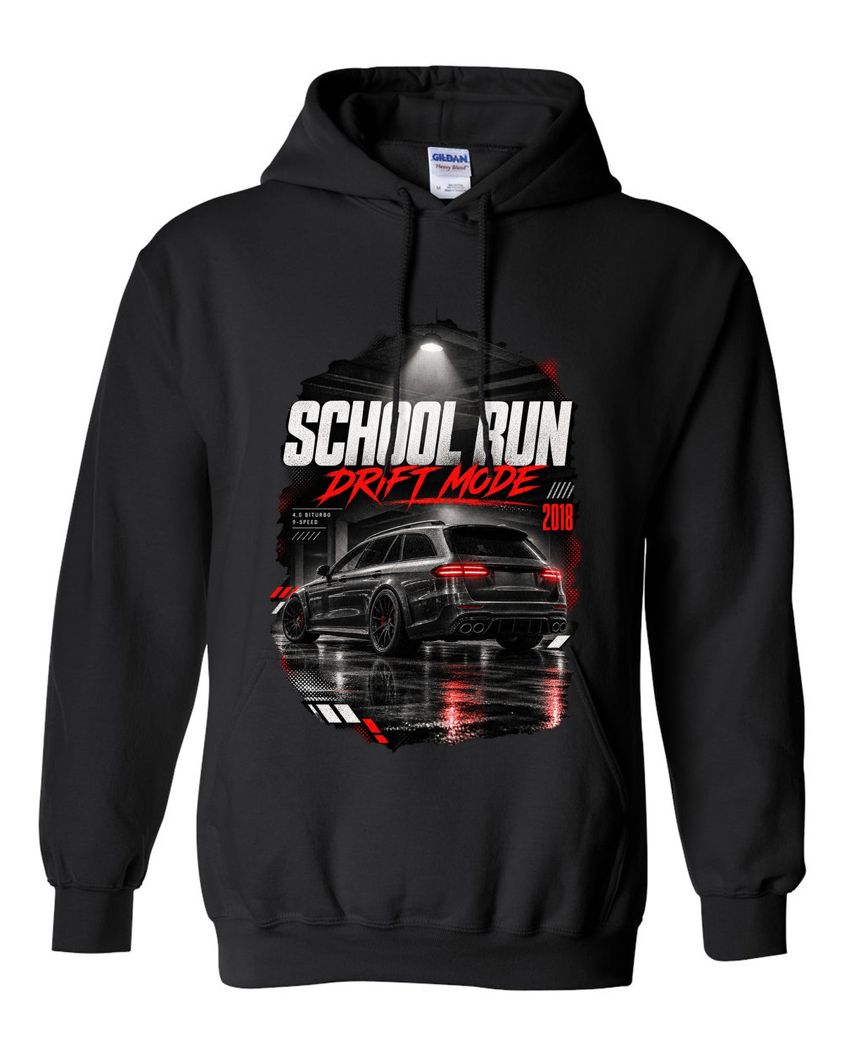 print of a Mercedes E63 S wagon S213 in a night garage with the text School Run / Drift Mode black pull over hoodie front view with the design
