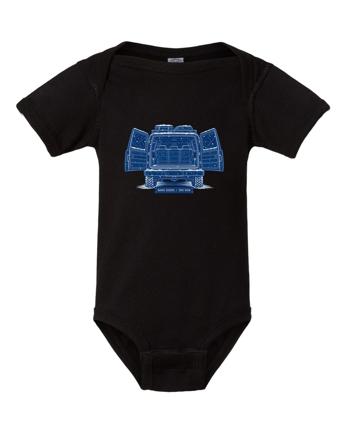Cyanotype blueprint print of a 1992-1999 Chevrolet Suburban GMT400 with Barn Doors and 3rd Row text black baby onesie front view with the design