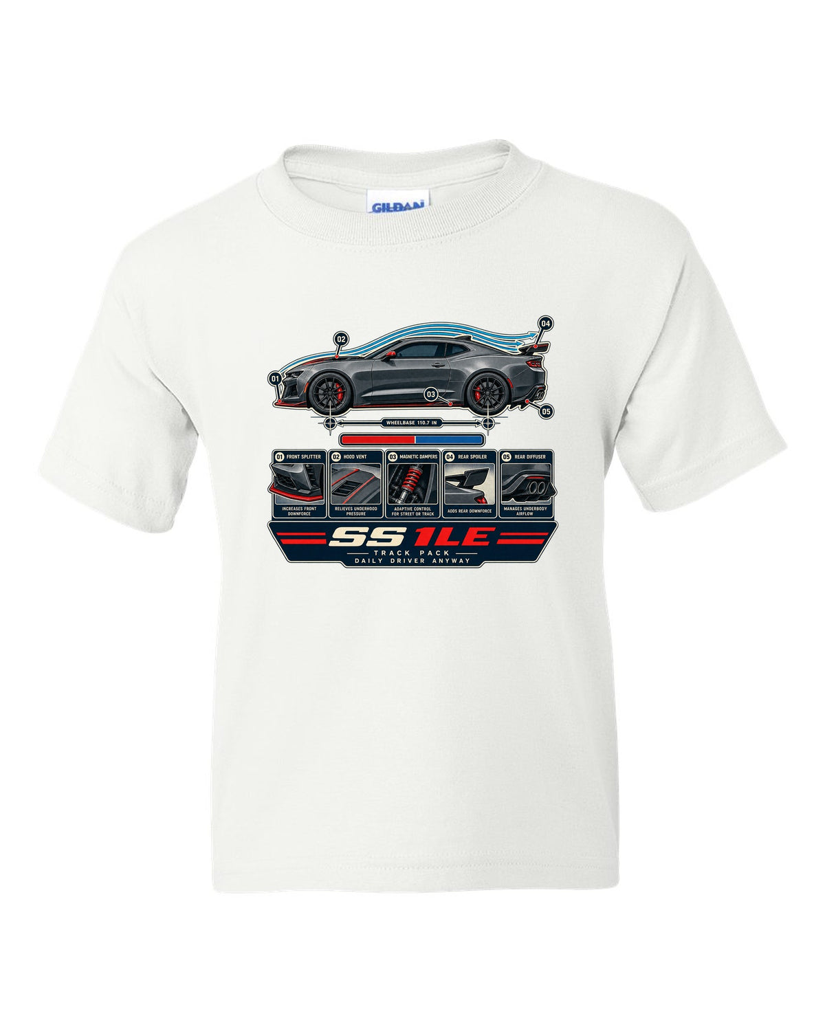 Airflow cutaway print of a 6th generation Chevrolet Camaro SS 1LE white kids tee front view with the design