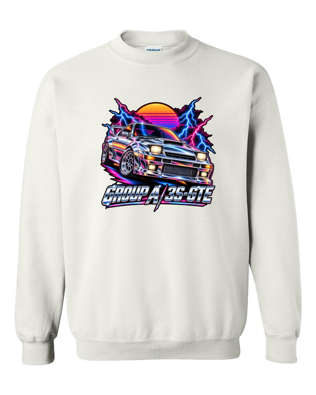 80s airbrush chrome illustration of a Toyota Celica GT-Four ST185 with Group A 3S-GTE lettering white crewneck front view with the design