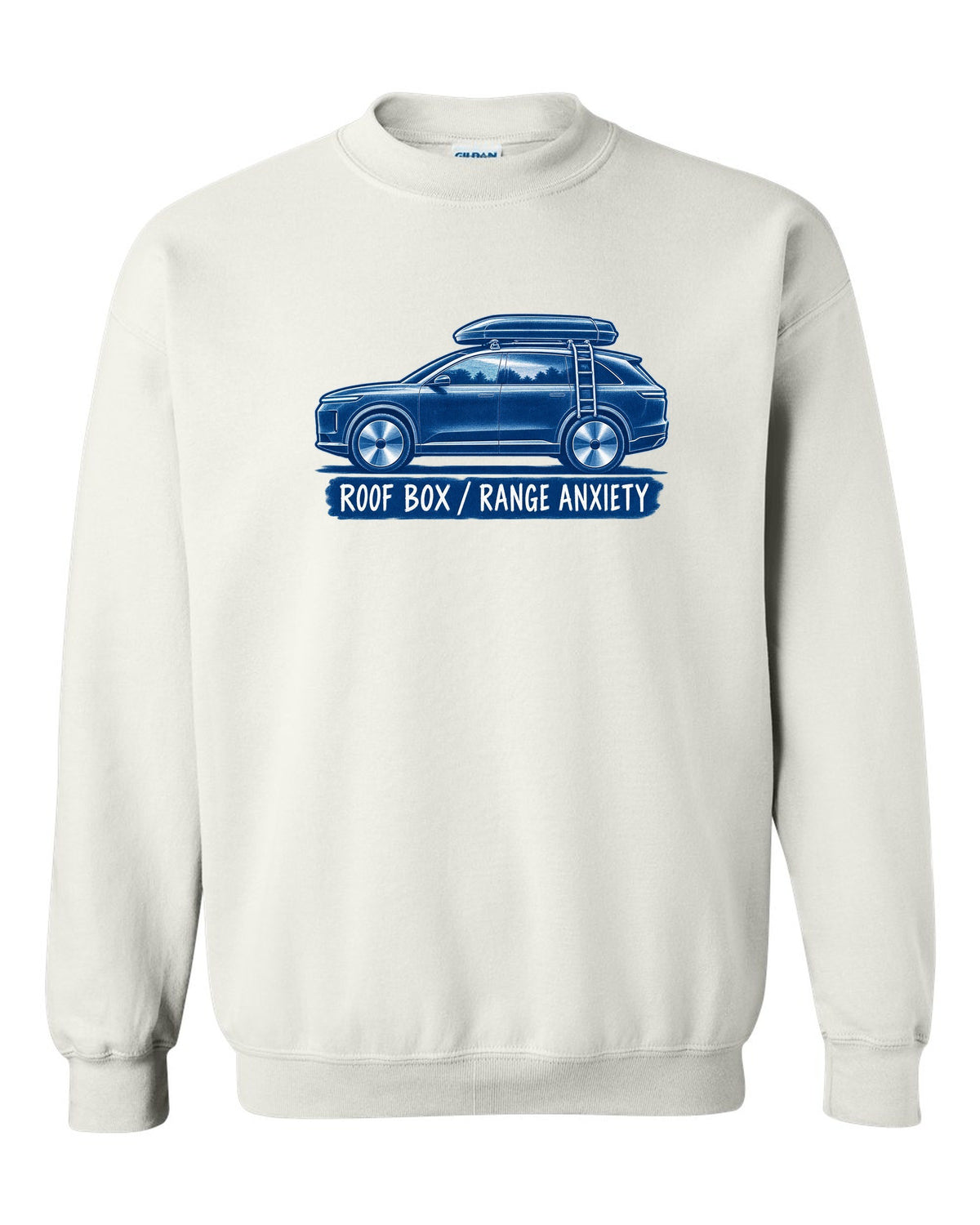 Lucid Gravity white-on-blue cyanotype print with the text roof box range anxiety white crewneck front view with the design