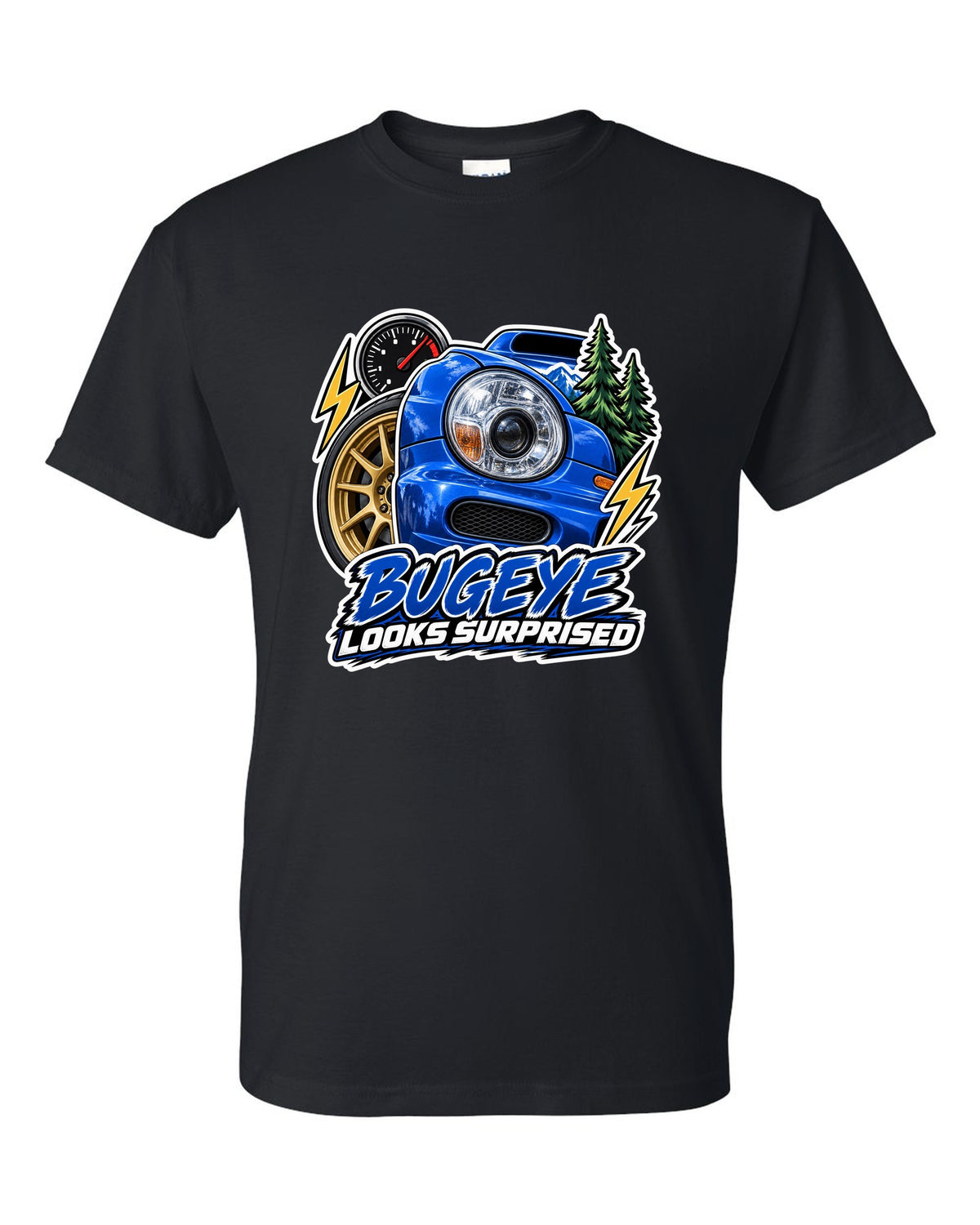Sticker-bomb collage of a Subaru Impreza WRX GDB Bugeye black t-shirt front view with the design