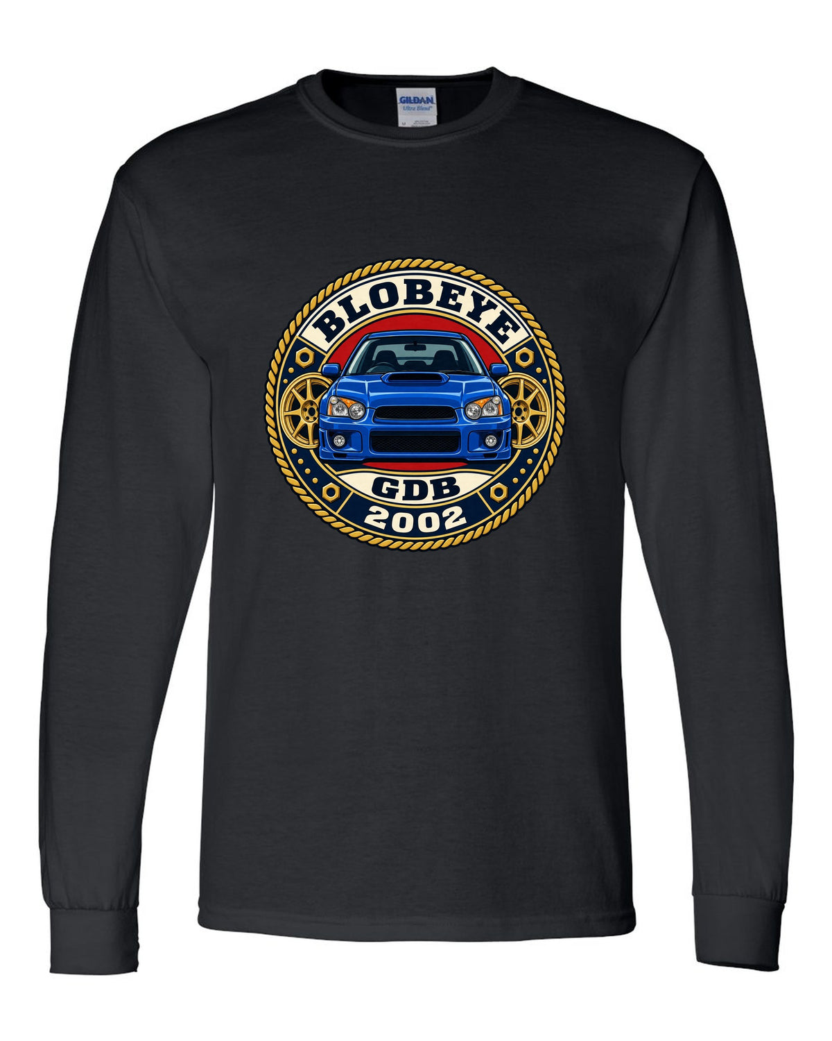 Subaru Impreza WRX GDB Blobeye round varsity crest print, BLOBEYE / GDB / 2002 black long sleeve front view with the design