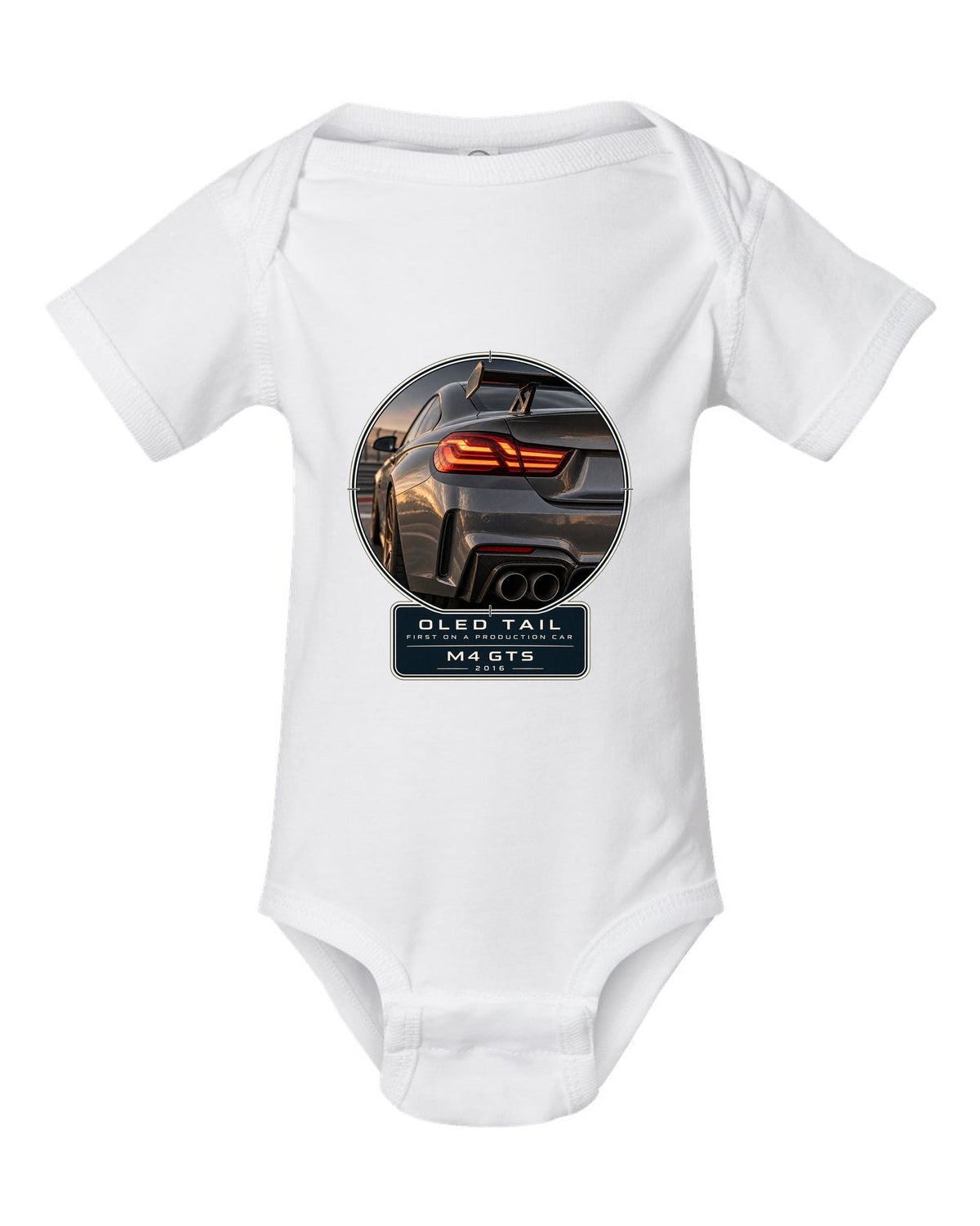 BMW M4 GTS OLED taillight macro print design white baby onesie front view with the design