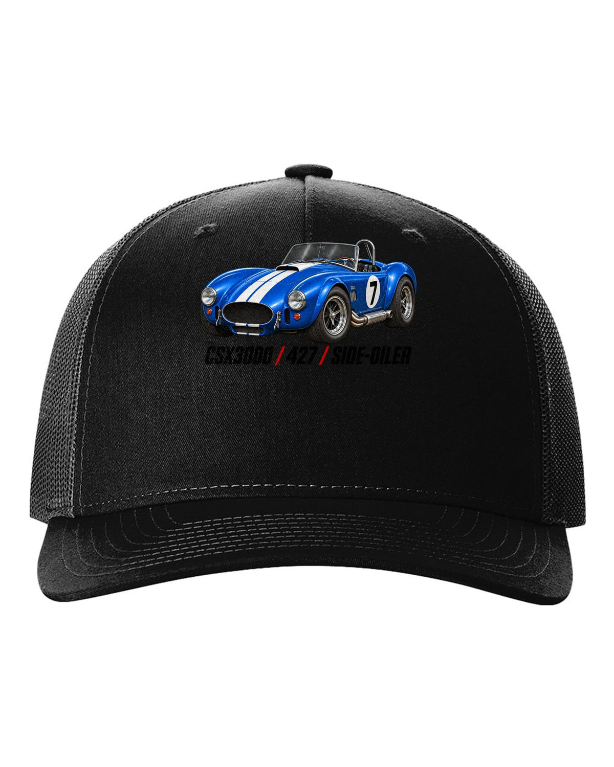 Shelby Cobra 427 CSX3000 Side-Oiler Racing Roundel black hat front view with the design
