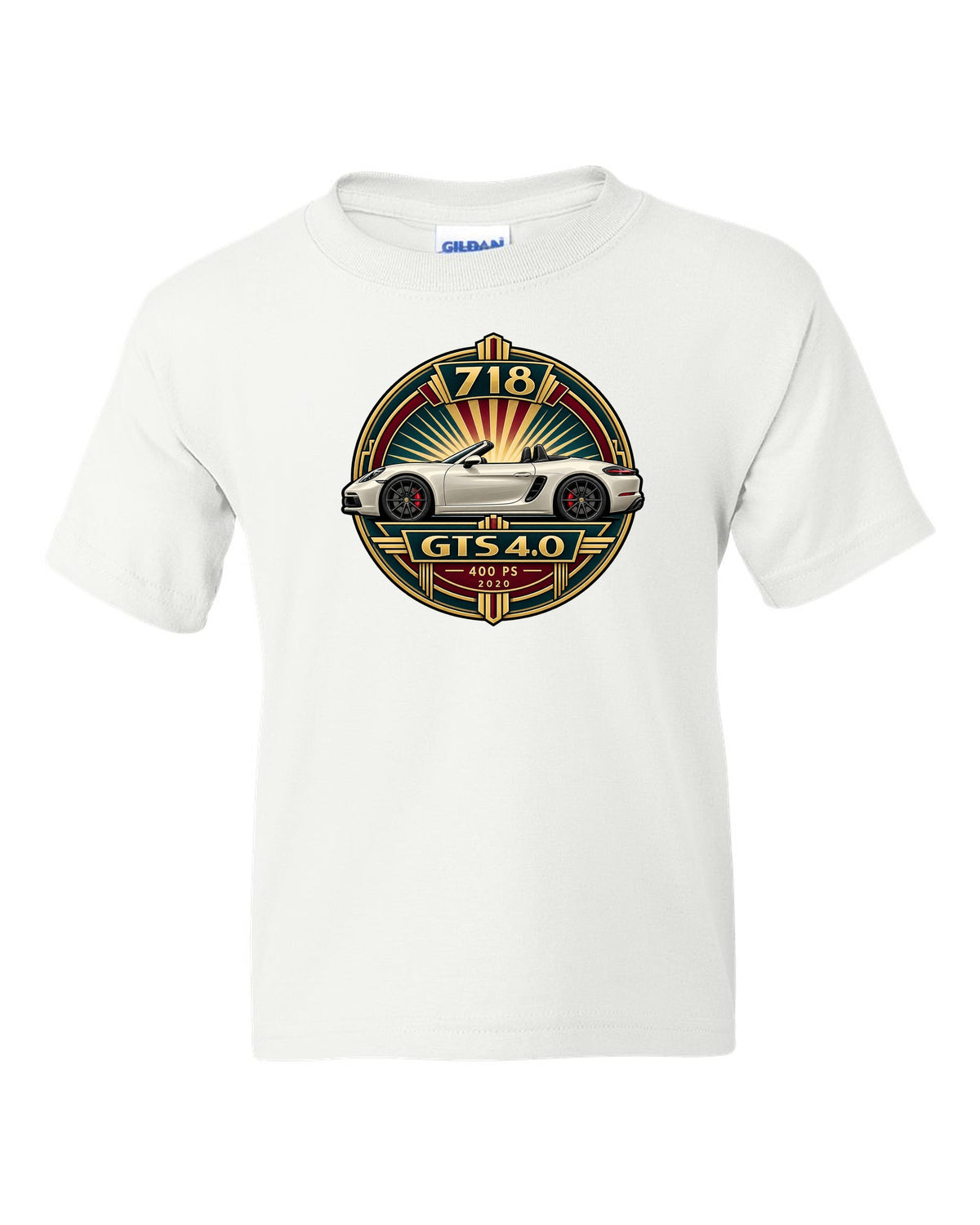 Art deco poster crest design for the Porsche 718 Boxster GTS 4.0 with 400 PS and 2020 lettering white kids tee front view with the design