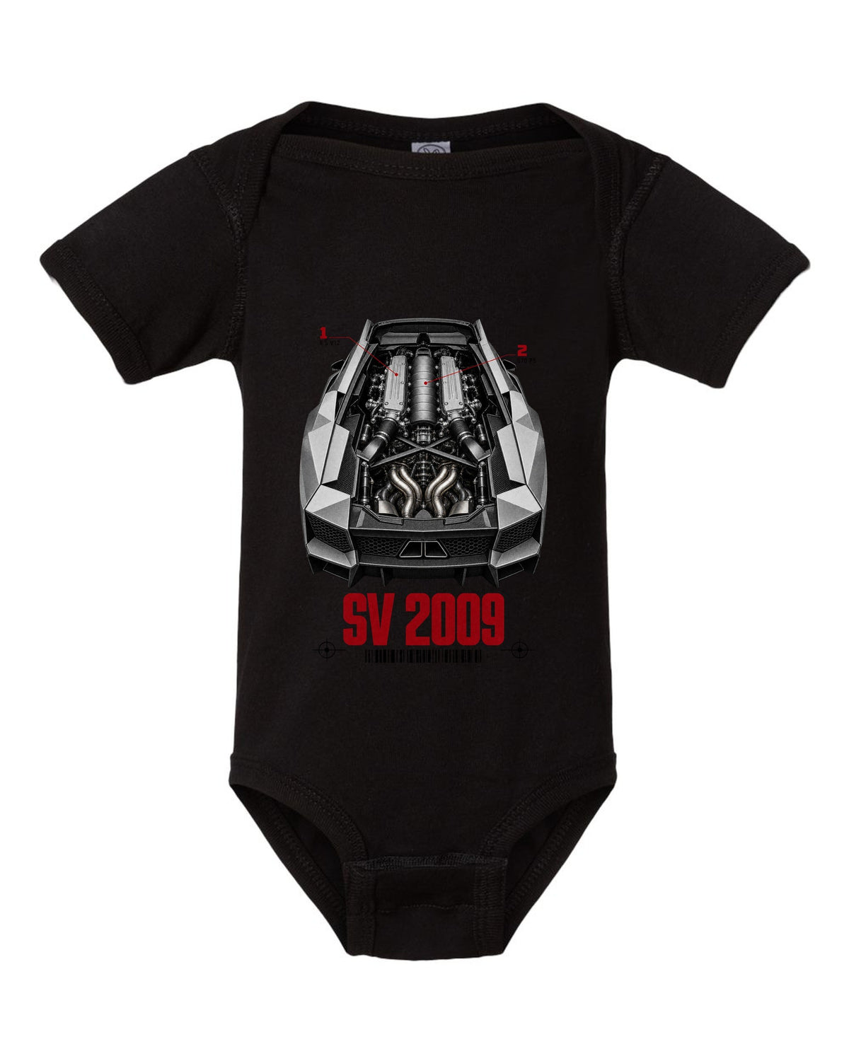 Engine hero print of a Lamborghini Murcielago LP670-4 SV with 6.5 V12 and 670 PS callouts black baby onesie front view with the design
