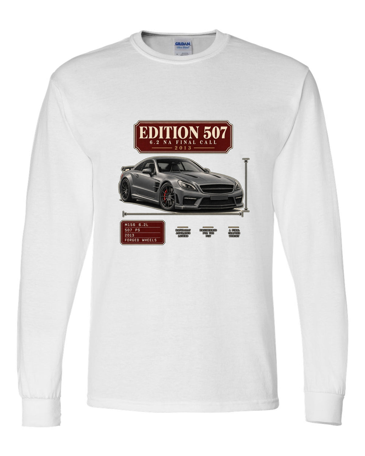 Archive panel print of a matte grey Mercedes-AMG C63 Edition 507 C204 white long sleeve front view with the design