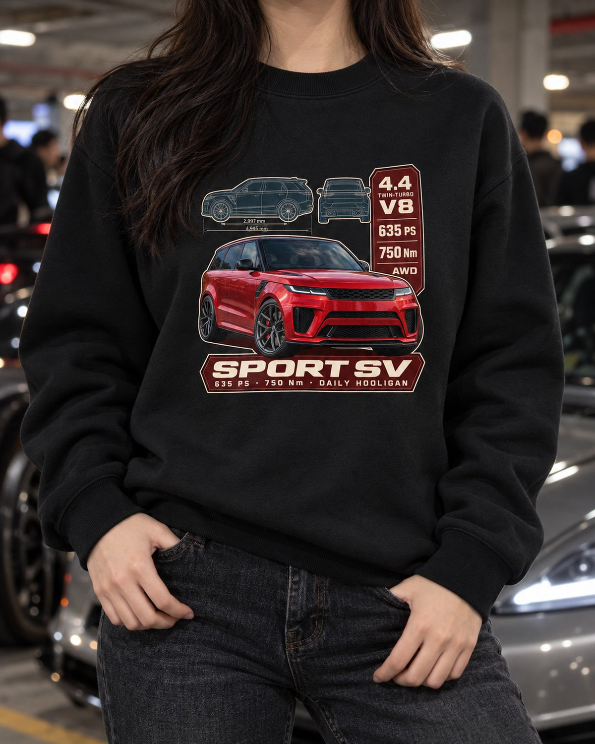 Range Rover Sport SV L461 Spec Poster Shirt, 635 PS Daily Driver Crewneck Black worn hero