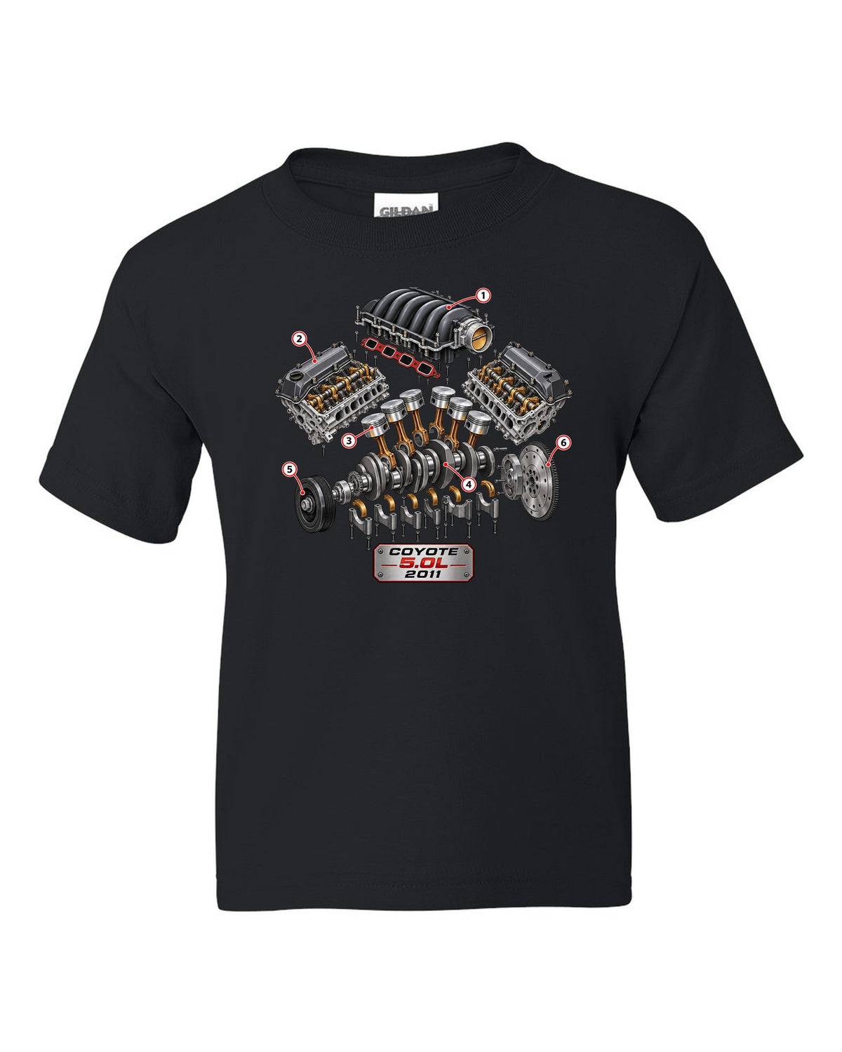 Isometric exploded cutaway of a Ford Coyote 5.0L engine for the S197 Mustang black kids tee front view with the design