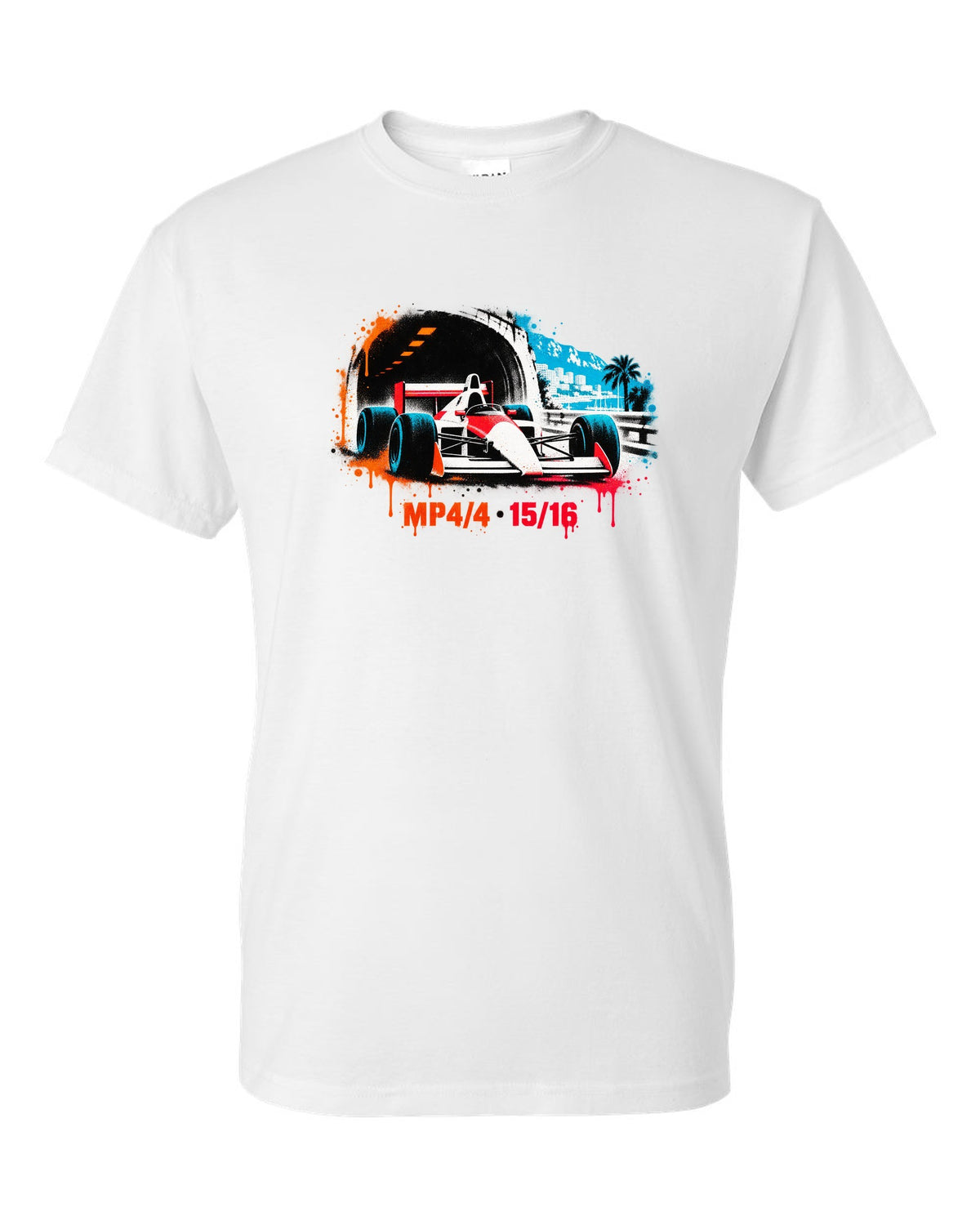 Stencil spray art of the McLaren MP4/4 Formula 1 car with 15/16 lettering white t-shirt front view with the design