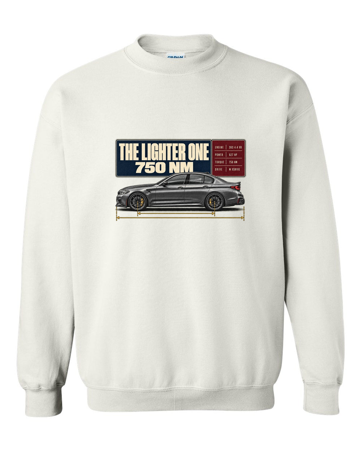 BMW M5 F90 CS spec poster print on a tee white crewneck front view with the design