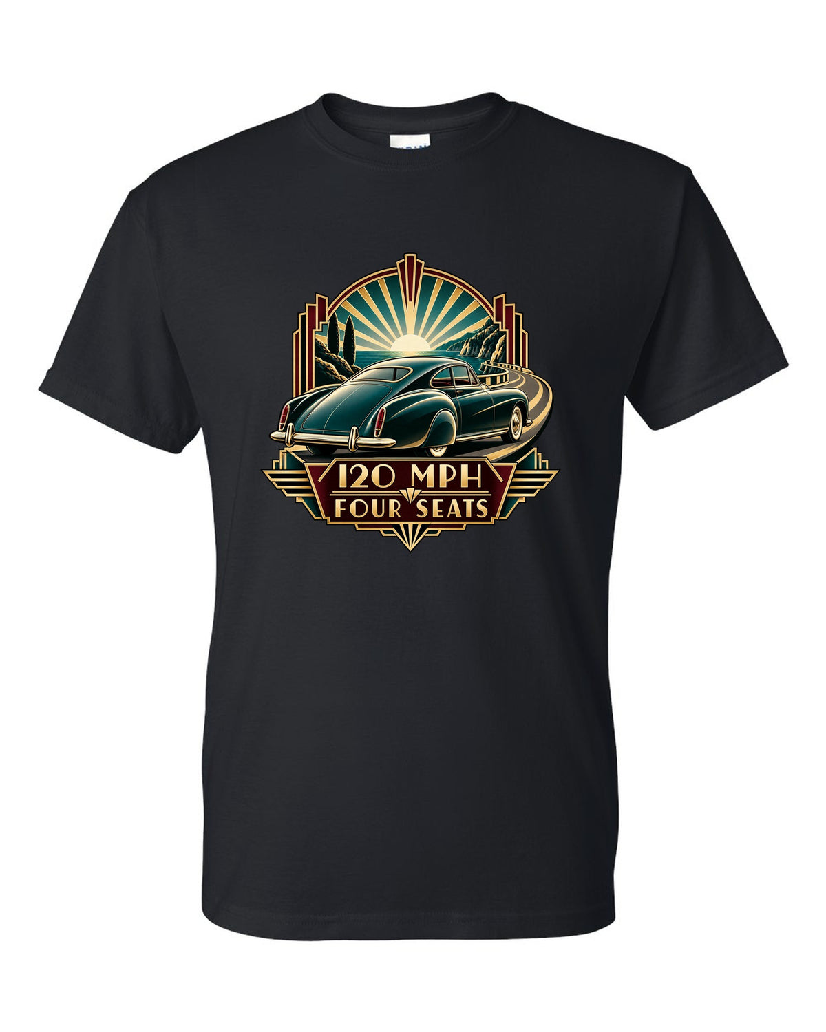 Synthwave outrun print of a 1982 Bentley Mulsanne Turbo with 120 mph and four seats lettering black t-shirt front view with the design