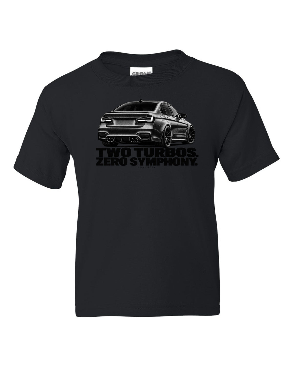 BMW F80 M3 sedan halftone print with two turbos zero symphony text black kids tee front view with the design