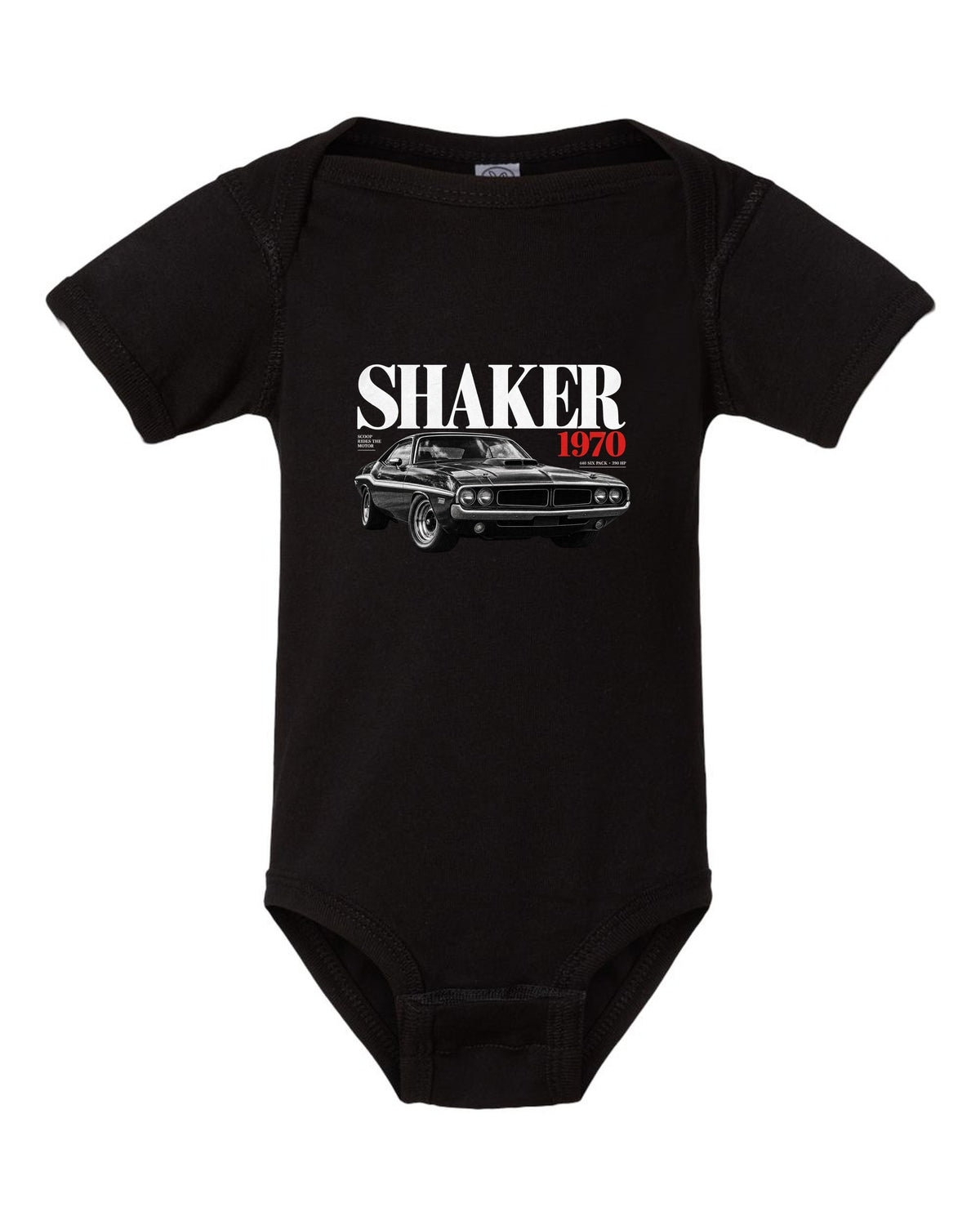 Editorial headline print of a 1970 Dodge Challenger R/T Shaker with 440 Six Pack text black baby onesie front view with the design