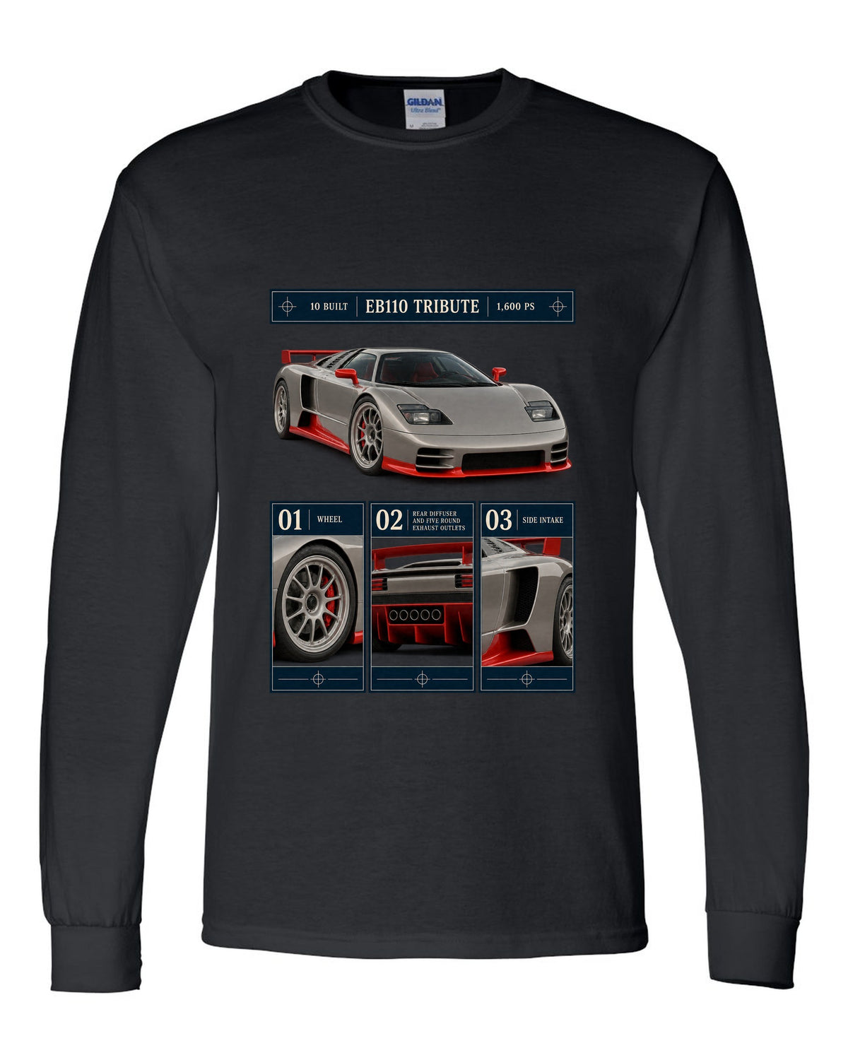 Bugatti Centodieci dossier panel print noting EB110 tribute and 10 built black long sleeve front view with the design