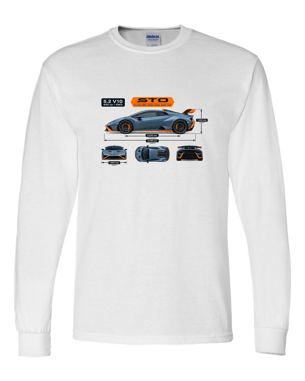 Dimension blueprint print of the Lamborghini Huracan STO white long sleeve front view with the design