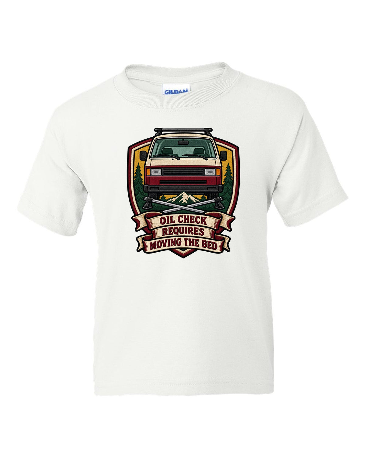 Varsity crest print for a VW T3 Vanagon with oil check requires moving the bed text white kids tee front view with the design