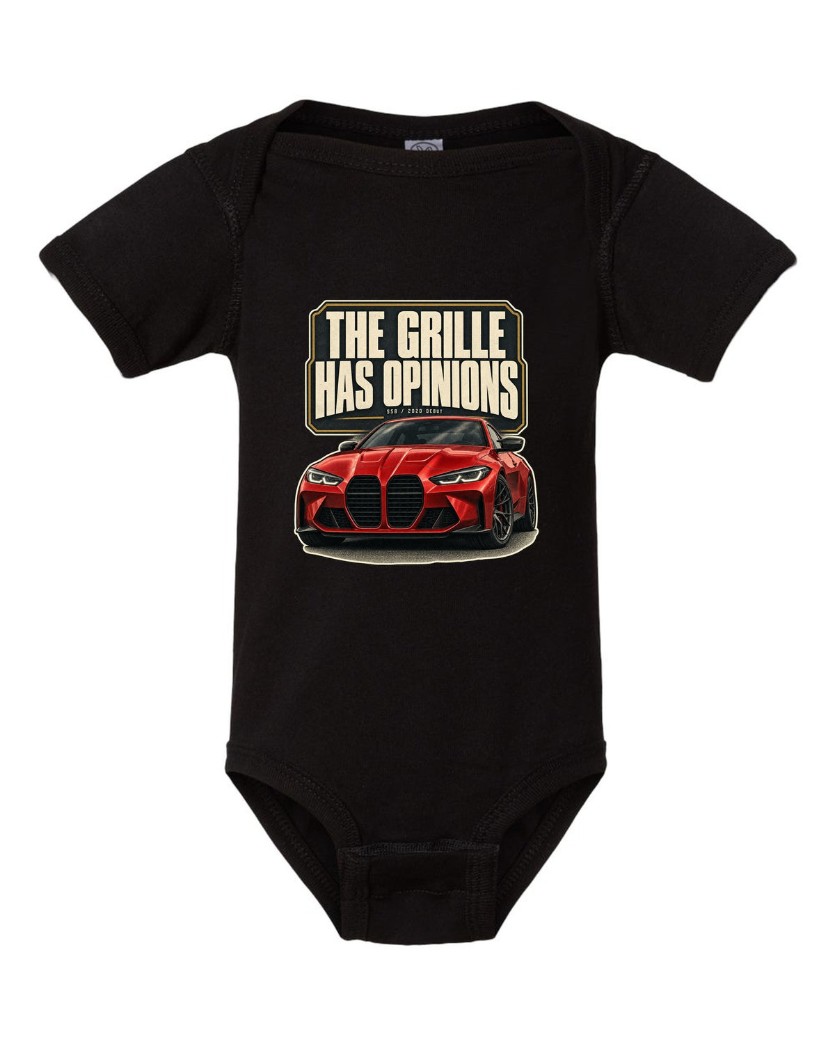 BMW M4 Competition G82 editorial headline print about the grille black baby onesie front view with the design