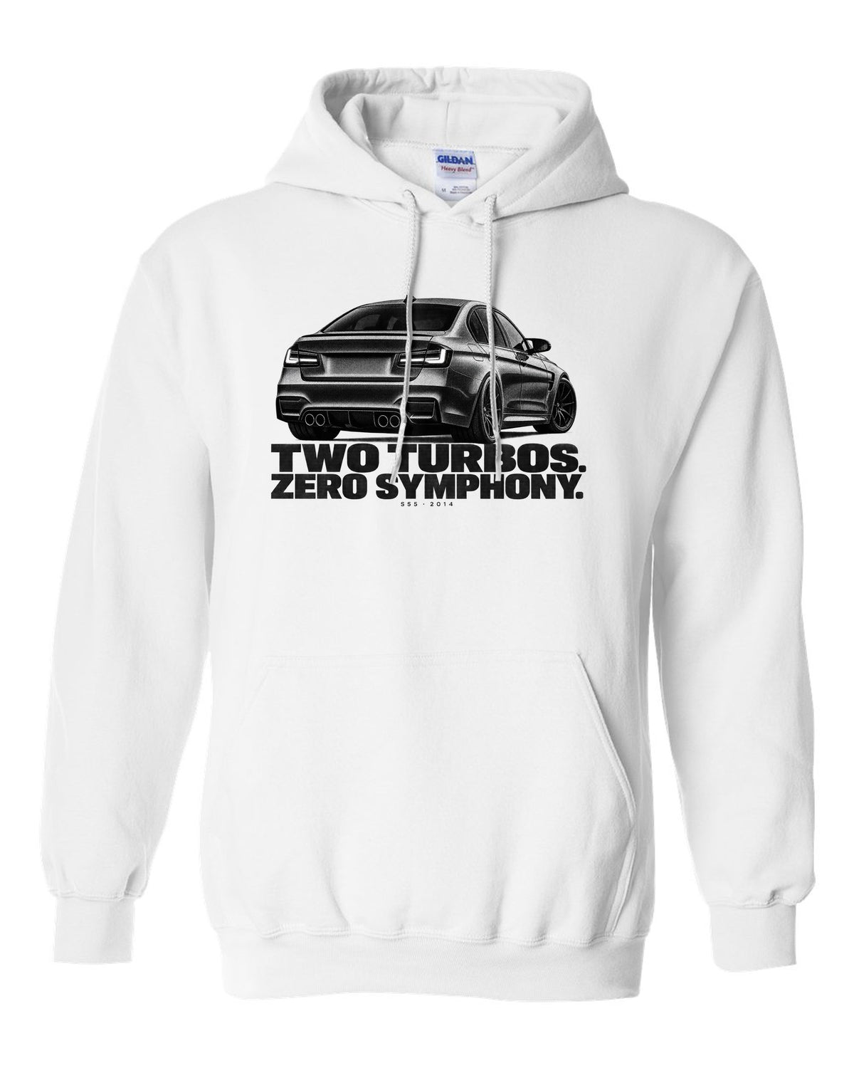 BMW F80 M3 sedan halftone print with two turbos zero symphony text white pull over hoodie front view with the design