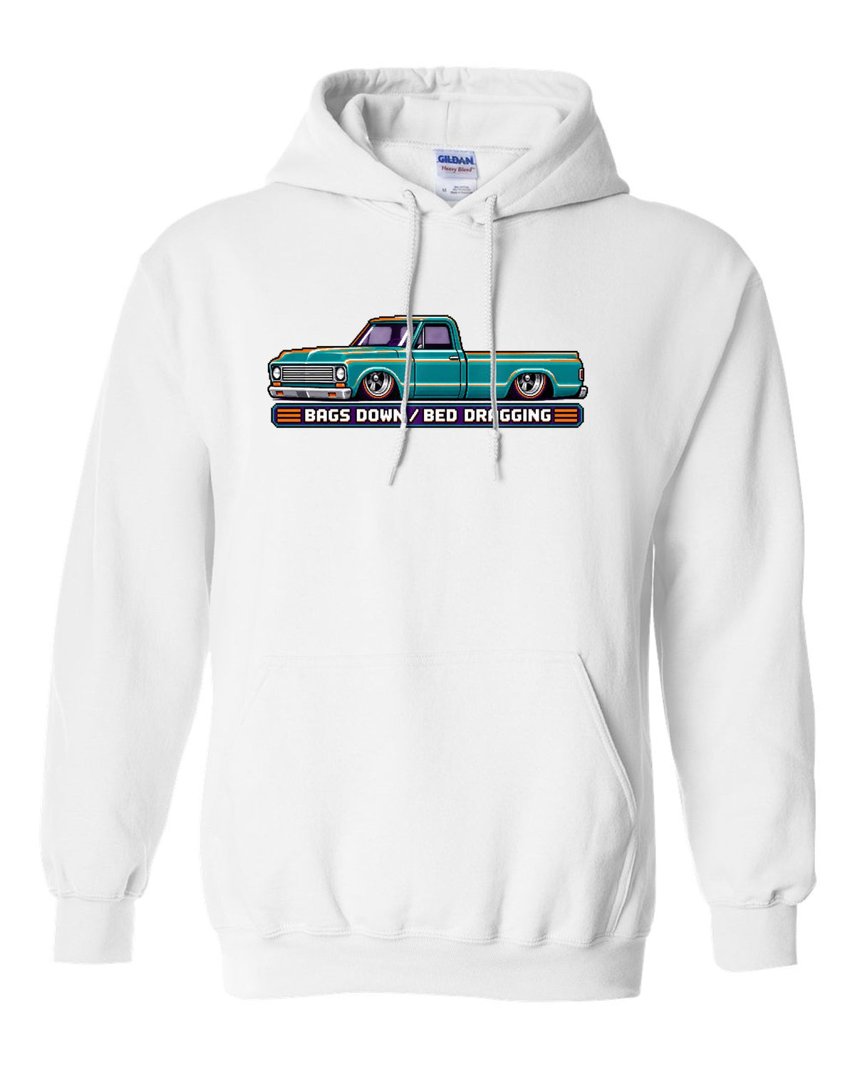 8/16-bit pixel art print of a bagged 1967-72 Chevrolet C10 Action Line Fleetside with bags down bed dragging lettering white pull over hoodie front view with the design