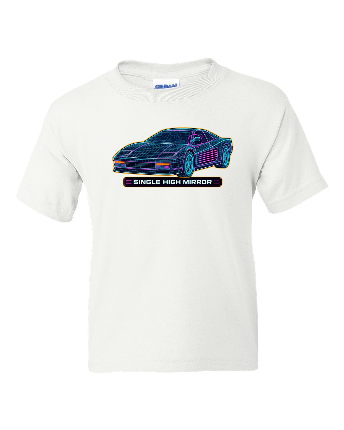 Wireframe CAD mesh print of the Ferrari Testarossa F110 with the text single high mirror white kids tee front view with the design