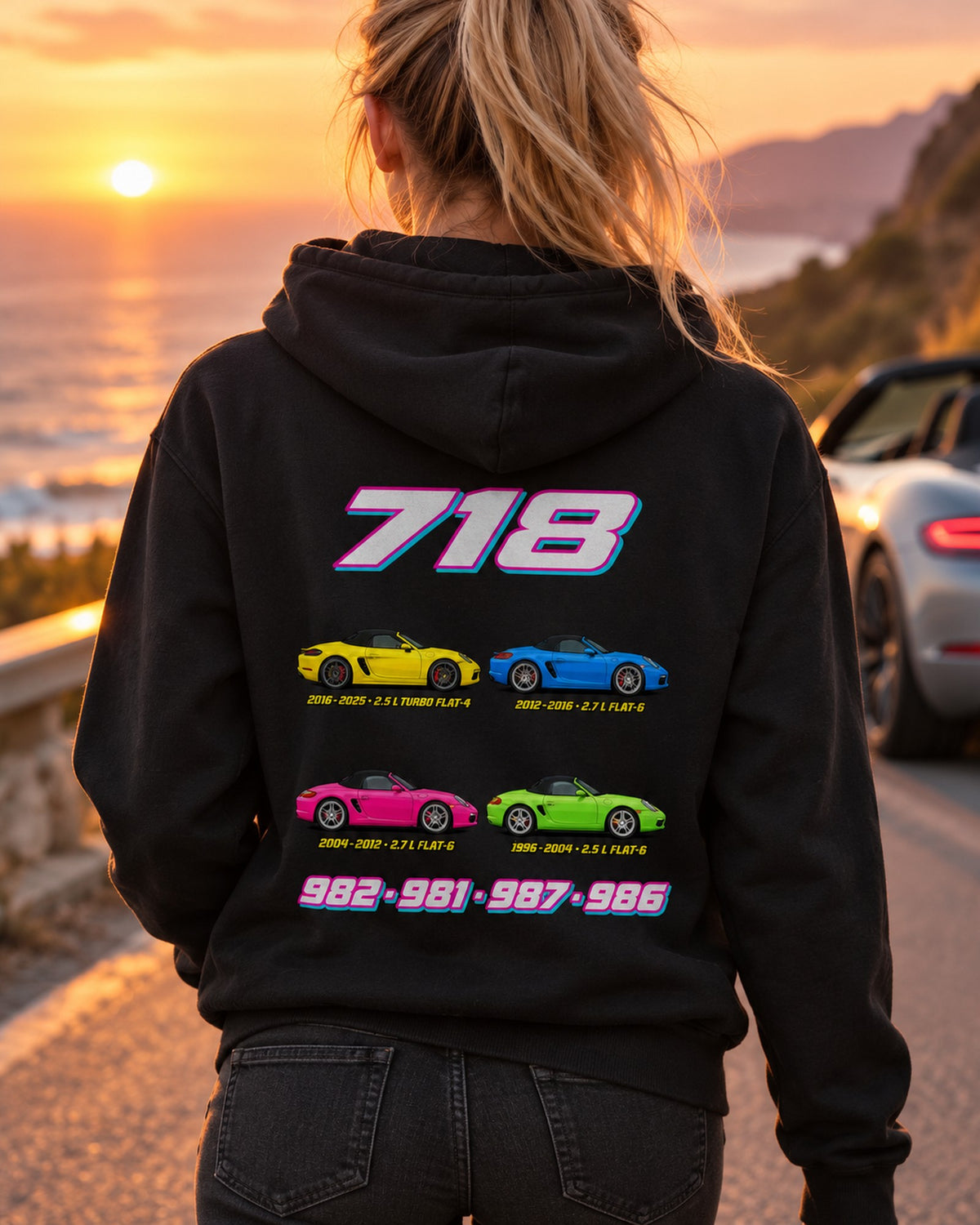 Porsche Boxster 718 Evolution Poster Full-Back Graphic Tee Pull Over Hoodie Black worn hero