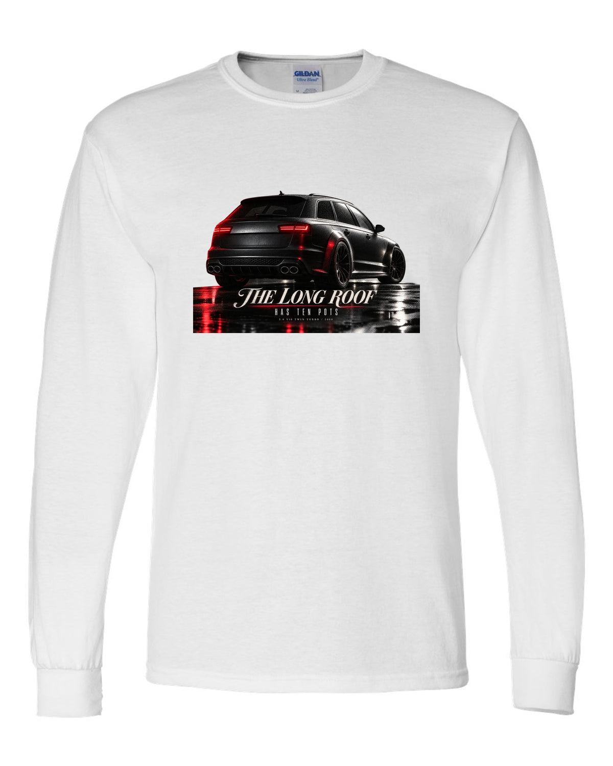 Audi RS6 Avant C6 4F V10 rear three-quarter in a garage with long roof text white long sleeve front view with the design