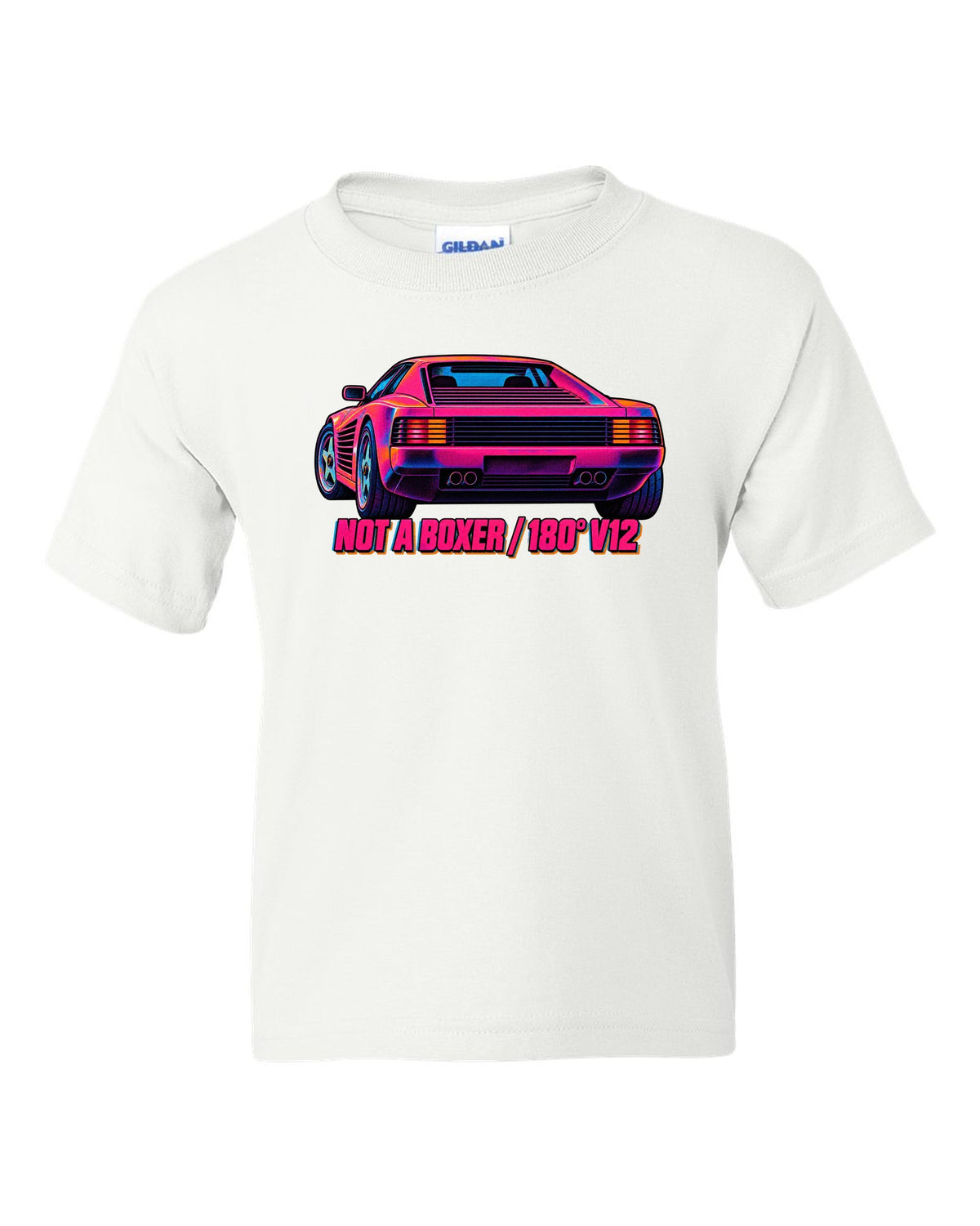 Neon-lit risograph print of the Ferrari Testarossa F110 with the text not a boxer, 180 degree V12 white kids tee front view with the design