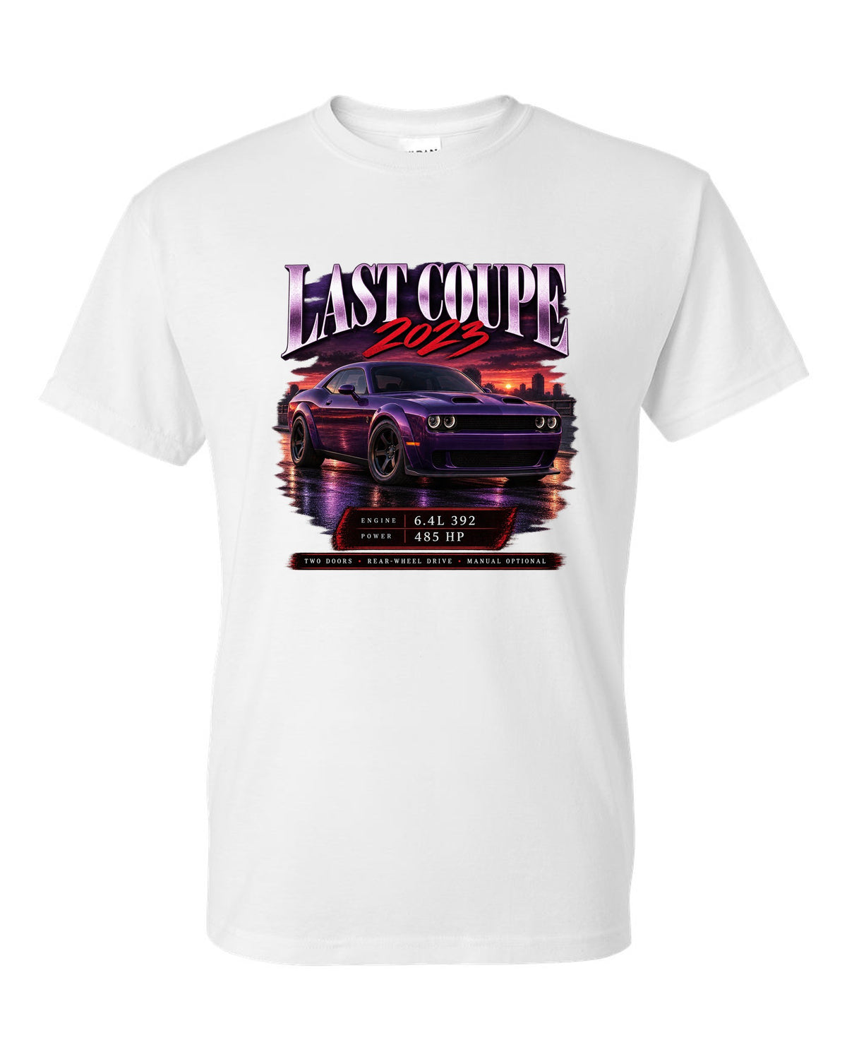 2023 Dodge Challenger Scat Pack Widebody archive panel print with last coupe lettering white t-shirt front view with the design