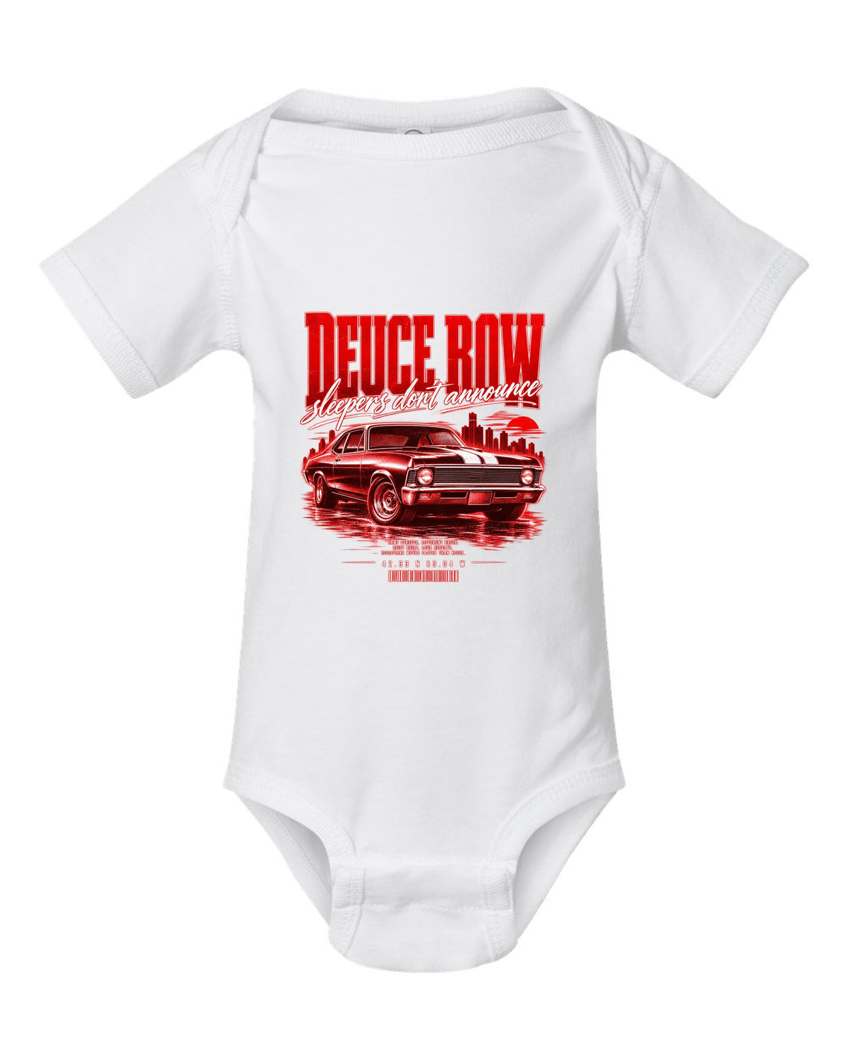 Street-poster print of a 1969 Chevrolet Nova SS with Deuce Row lettering white baby onesie front view with the design