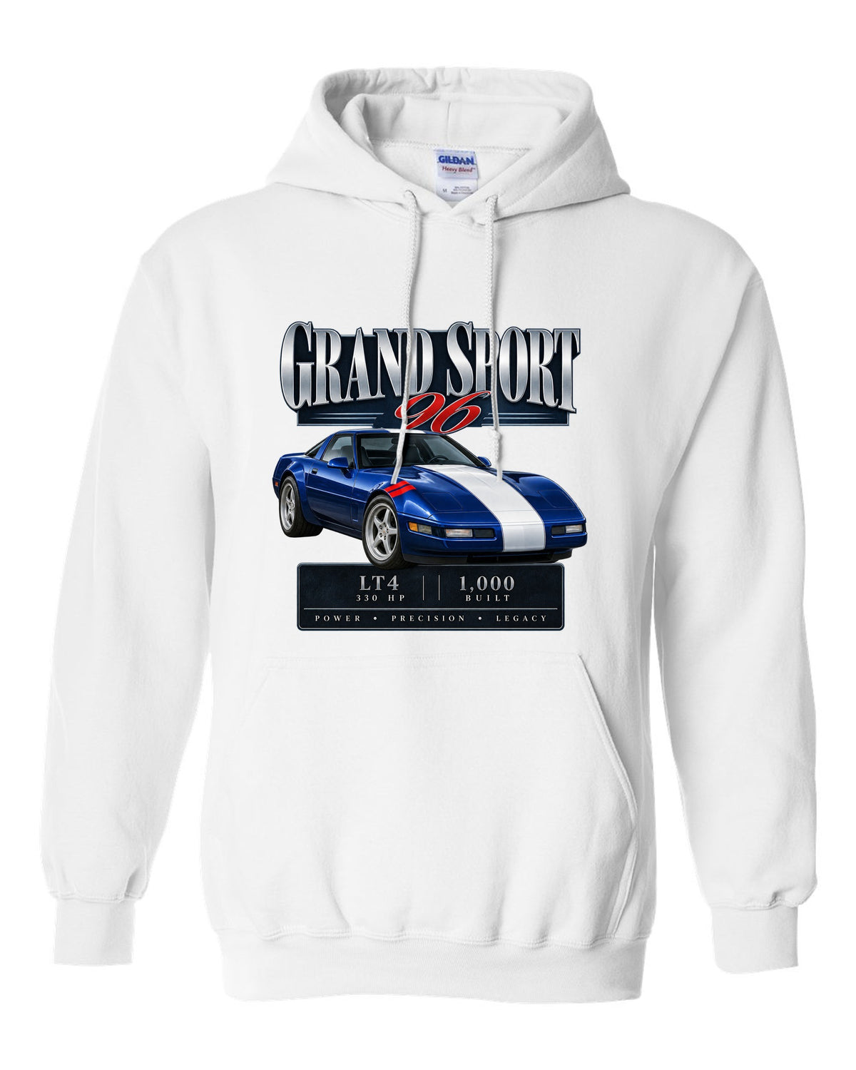 Chevrolet Corvette C4 Grand Sport 1996 archive panel print white pull over hoodie front view with the design