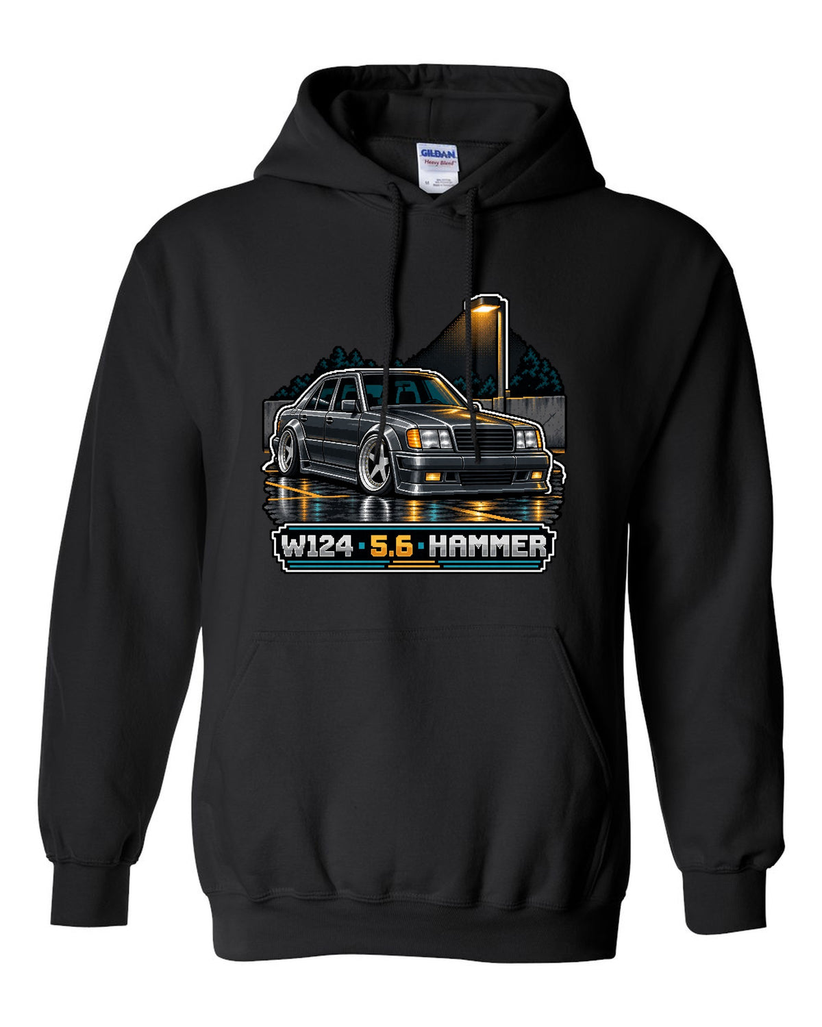 Pixel art Mercedes 300E 5.6 Hammer W124 parked in a car park black pull over hoodie front view with the design