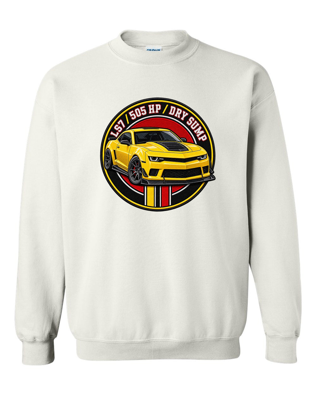 2014 Camaro Z/28 in a varsity crest design with text LS7 505 HP Dry Sump white crewneck front view with the design