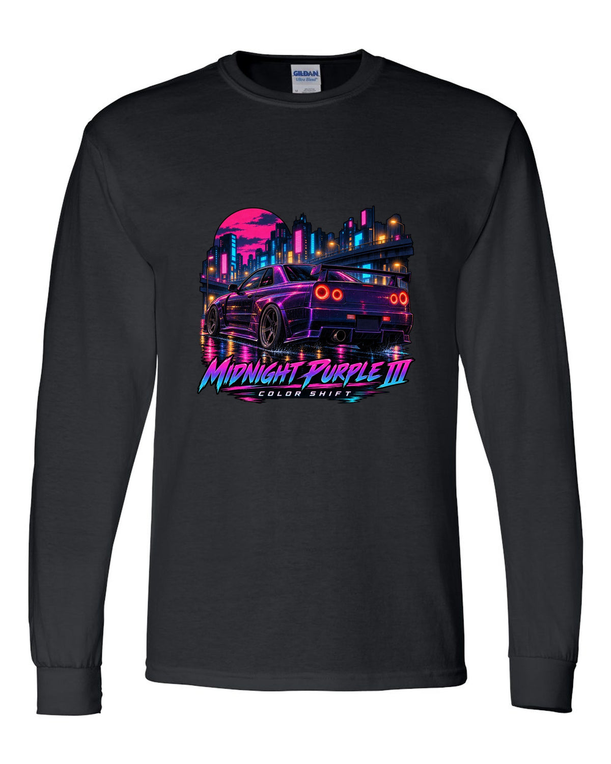 Cel-shaded anime night street print of a Midnight Purple III Nissan Skyline GT-R R34 BNR34 black long sleeve front view with the design
