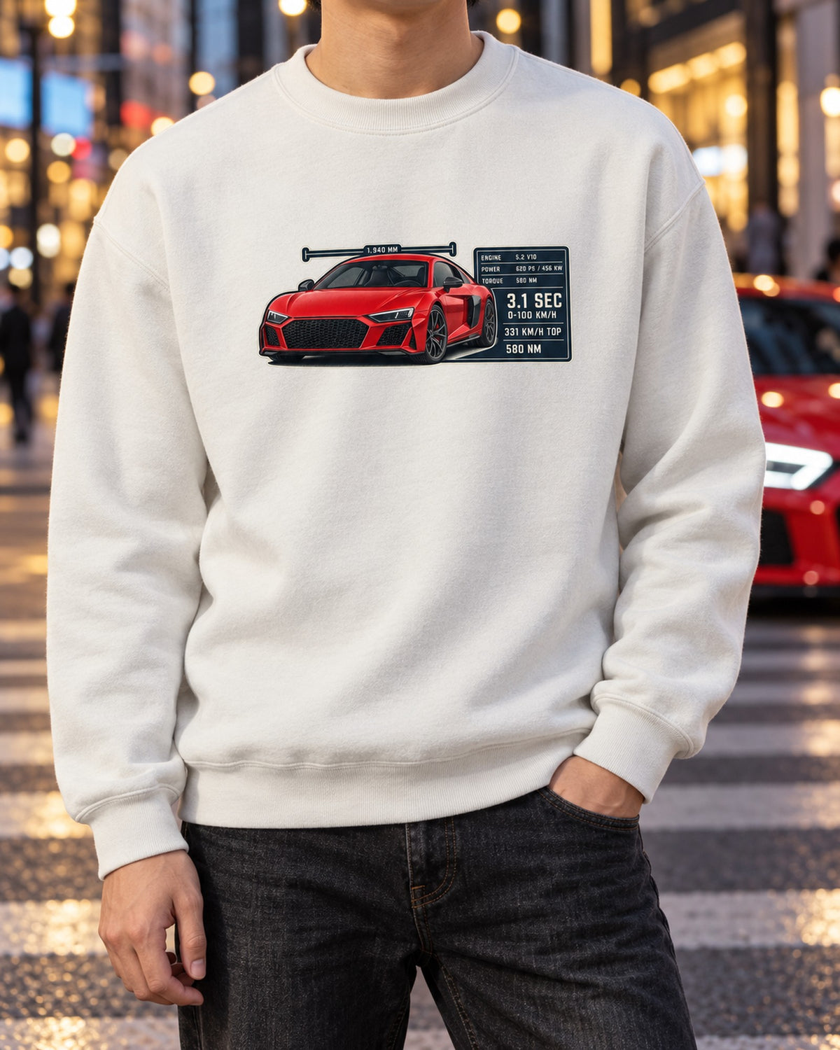 Audi R8 V10 Performance Spec Poster Tee, 331 km/h Top Speed Crewneck White worn hero